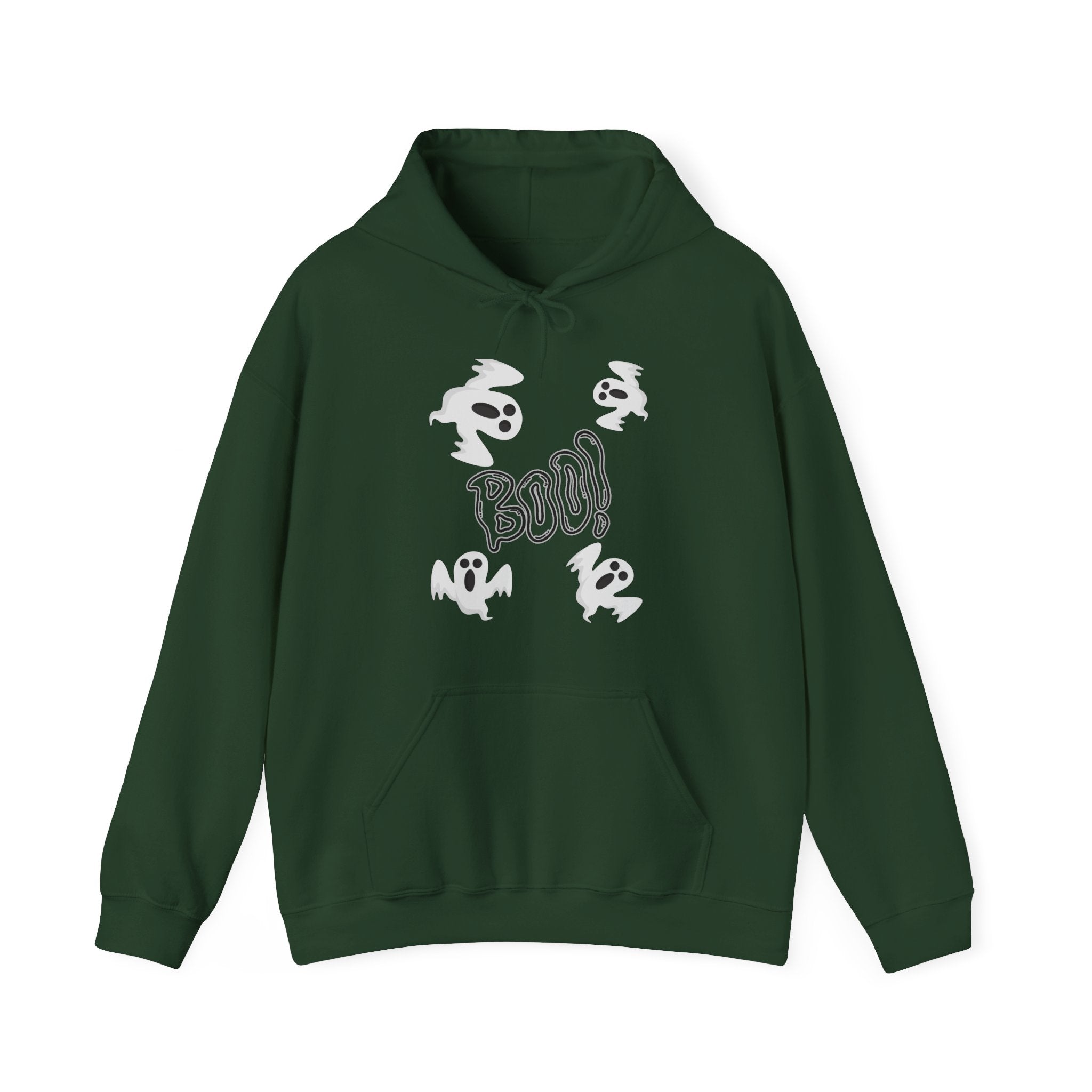 Forest green hoodie with white ghost and 'BOO!' design on a white background