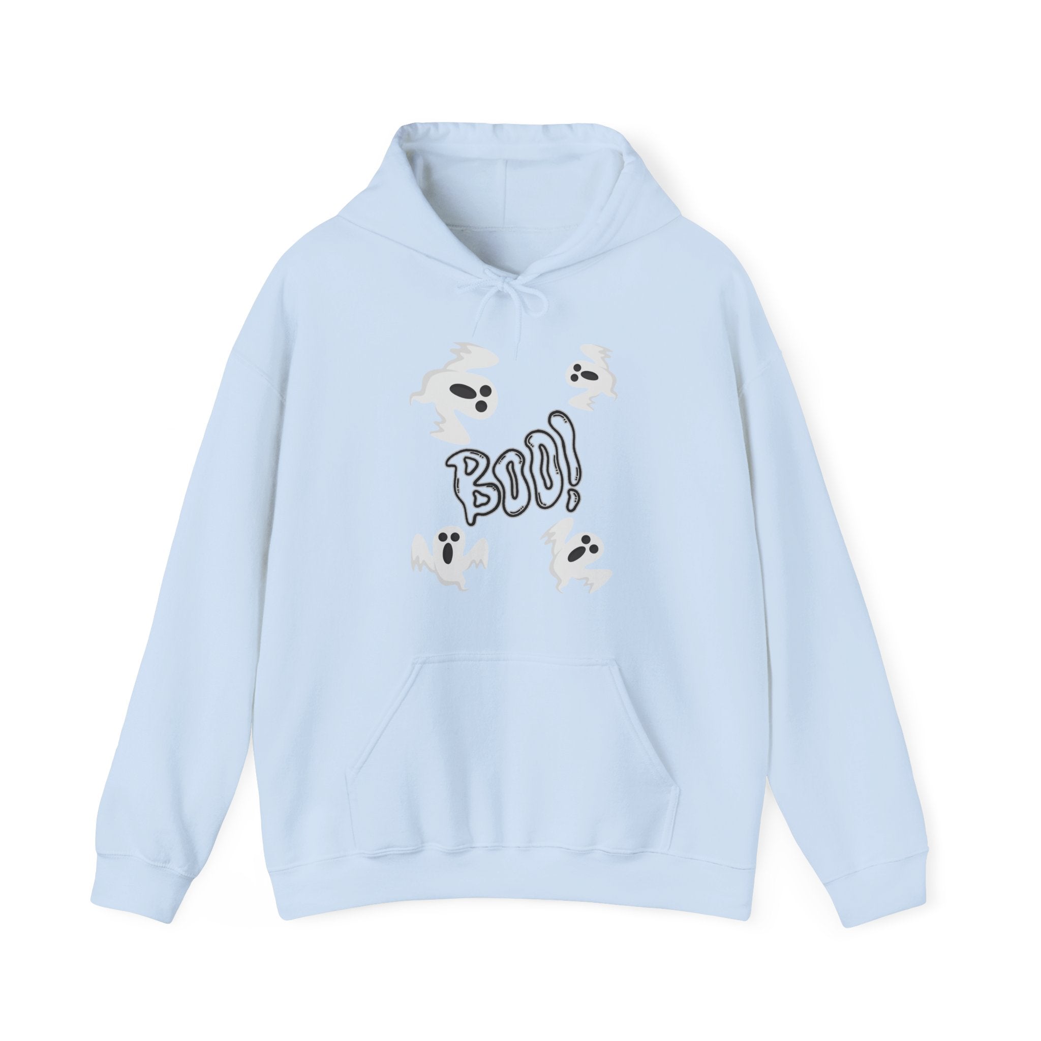 Light blue hoodie with cartoon dog graphics and the word 'BOO!' on a white background