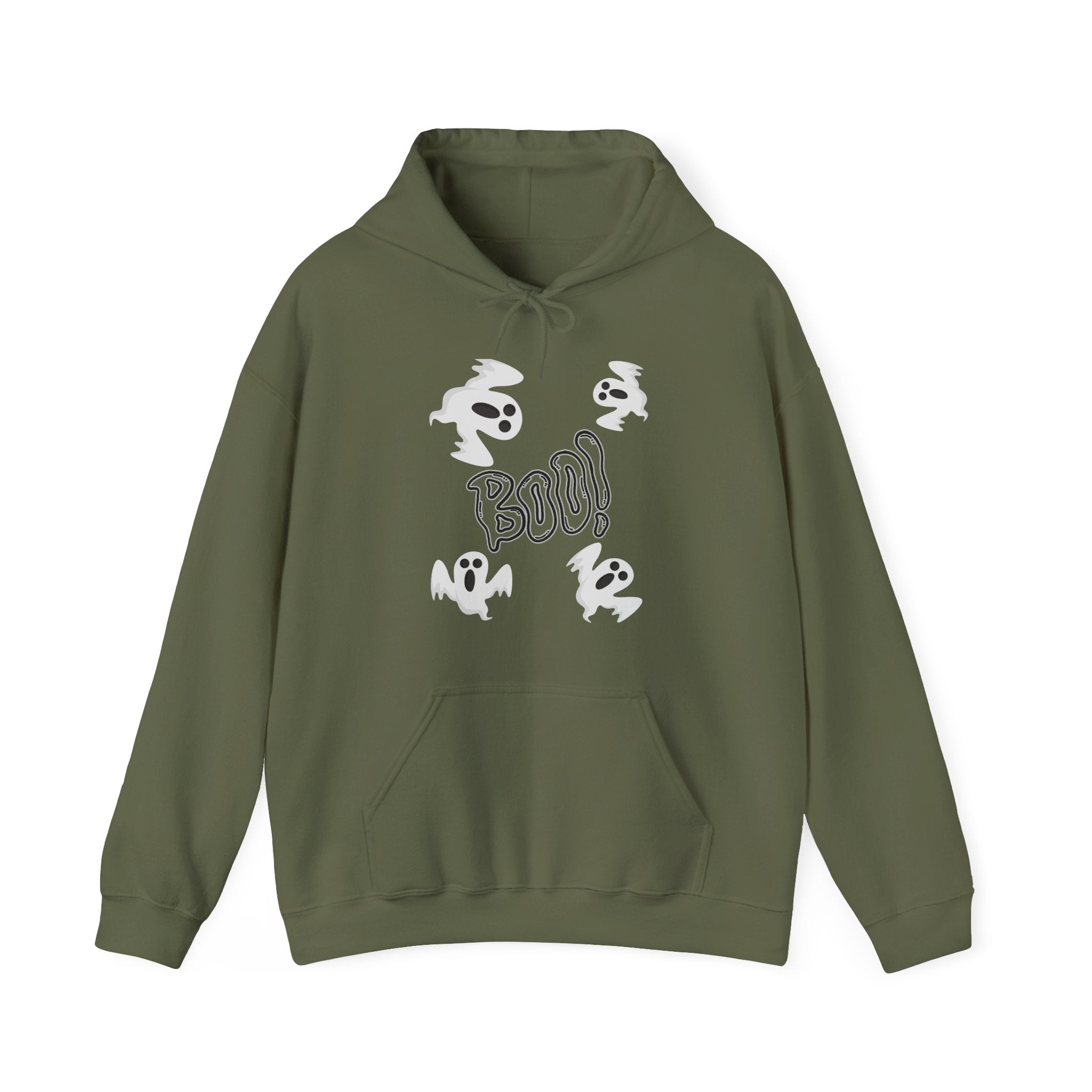Military green hoodie with ghost and 'BOO!' design on a white background