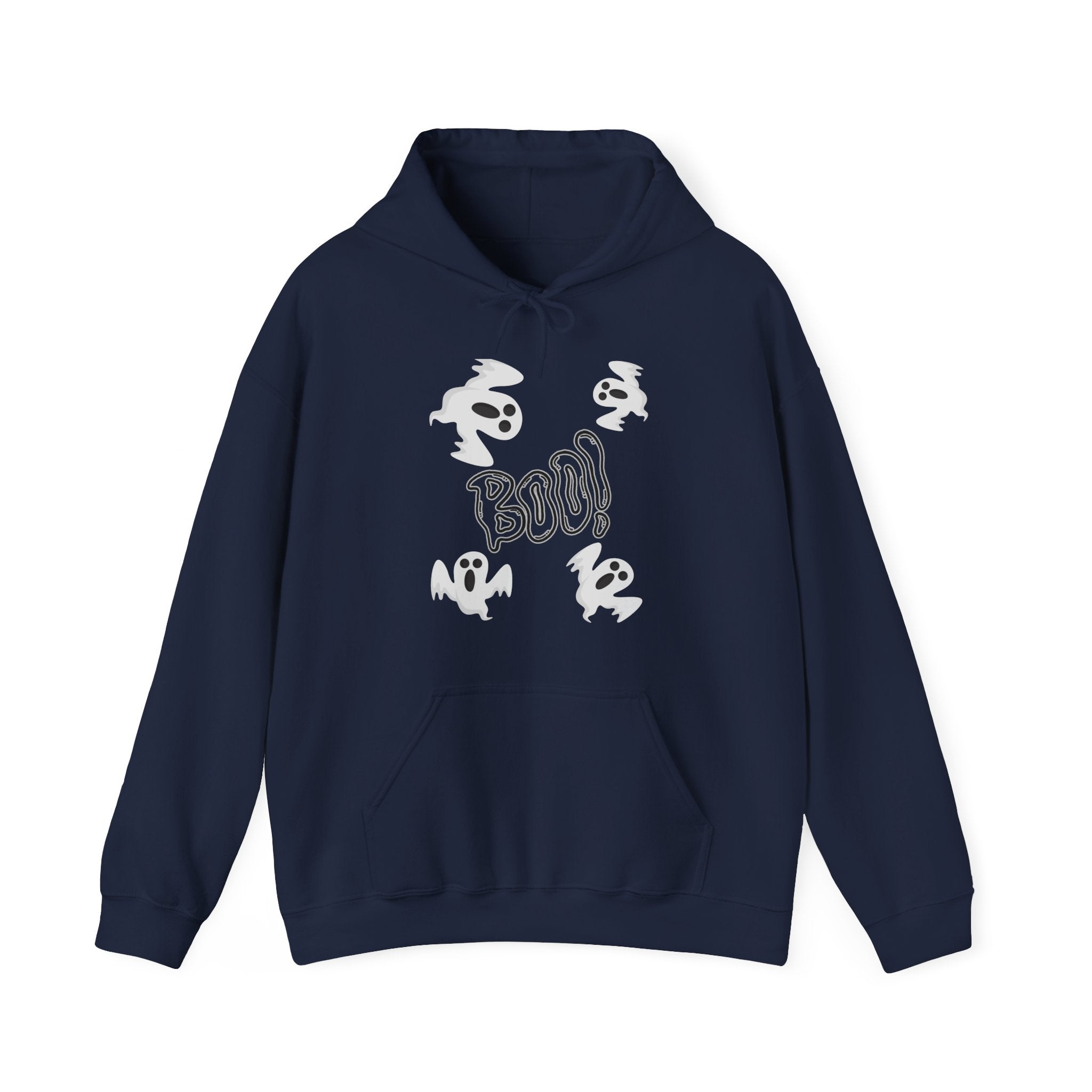Navy blue hoodie with white ghost and 'BOO!' design on a white background