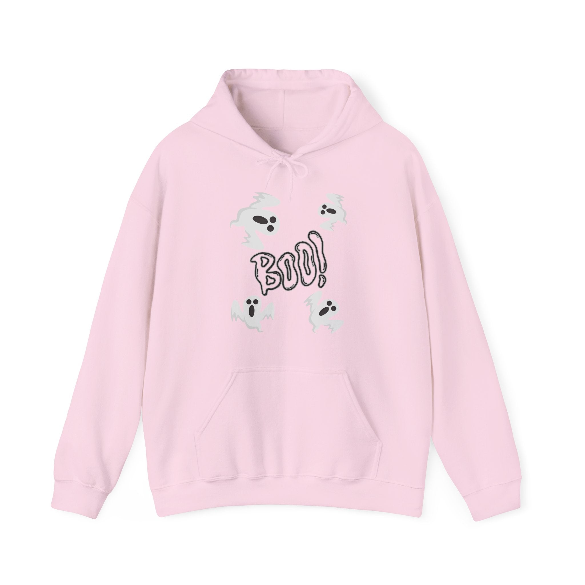 Pink hoodie with cartoon dog design and 'BOO!' text on a white background