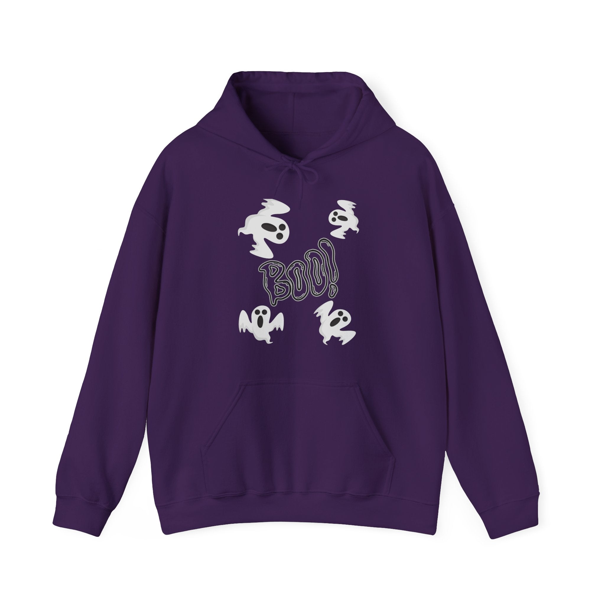 Purple hoodie with Halloween-themed graphics on a white background