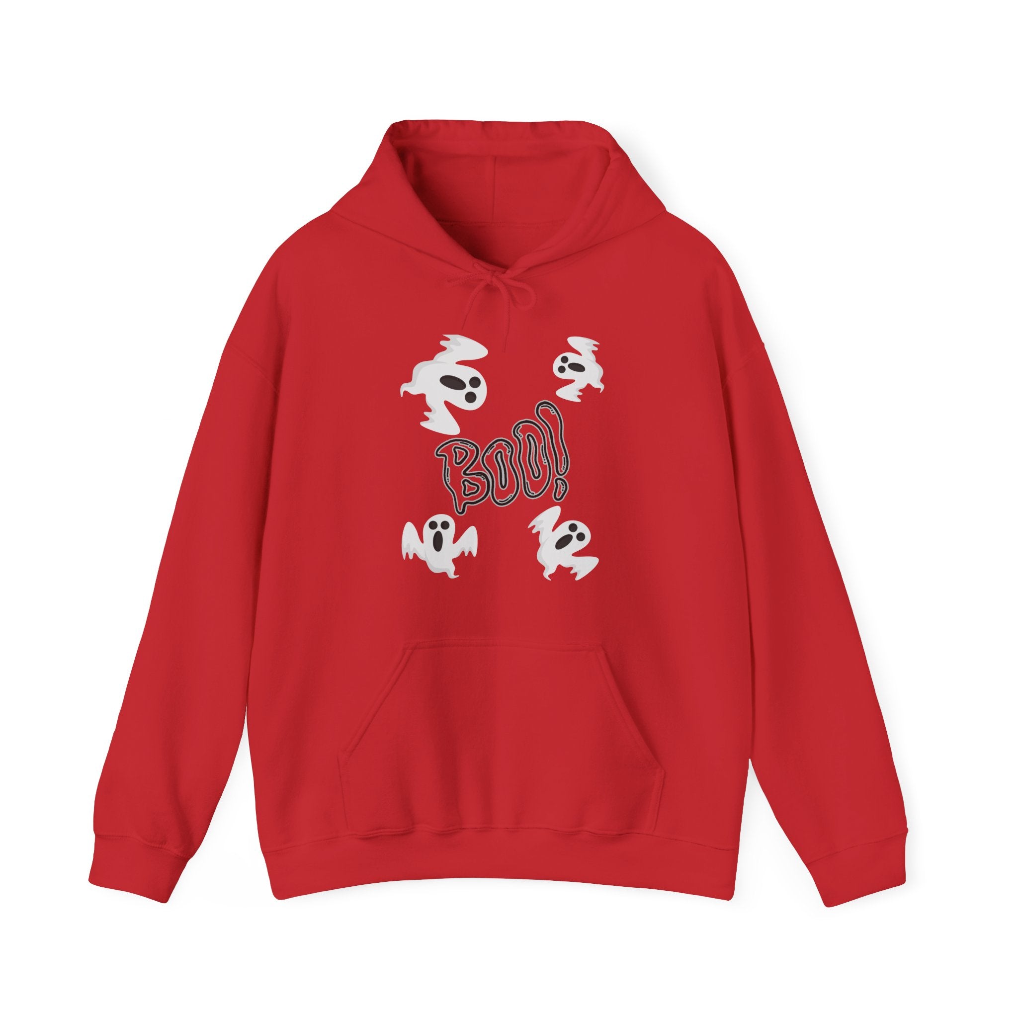 Red hoodie with ghost and 'BOO!' design on a white background