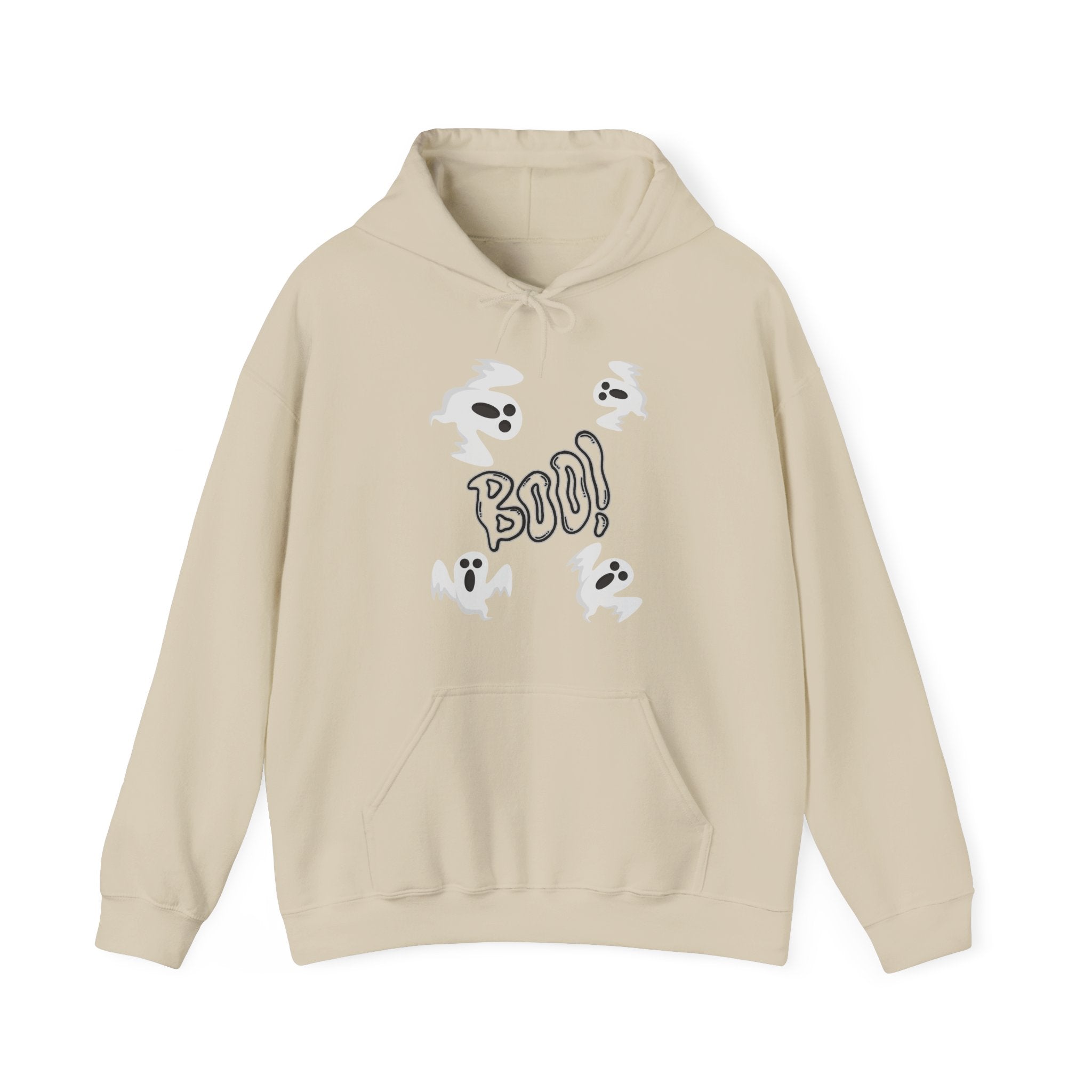 Beige hoodie with ghost and 'BOO!' design on a white background