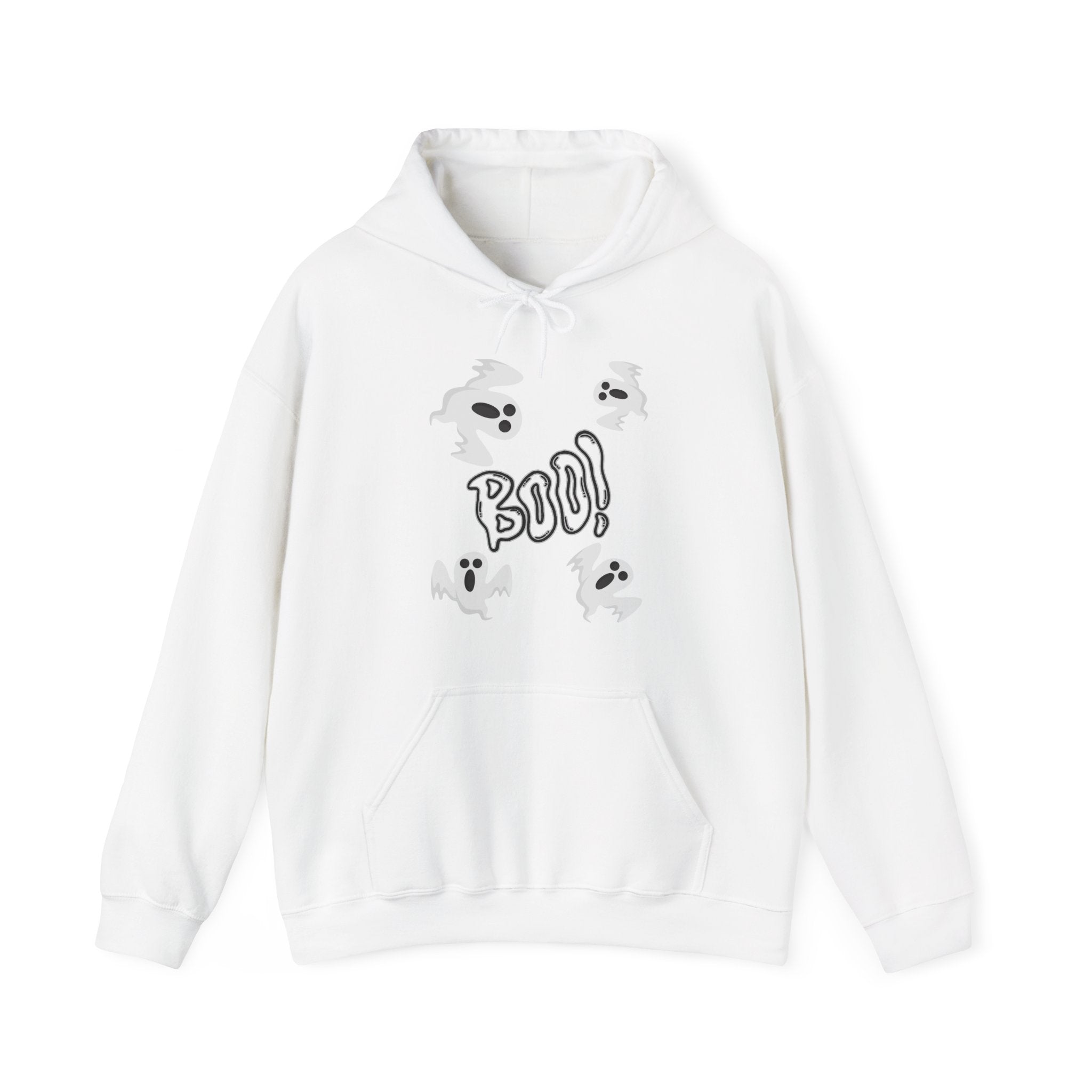 White hoodie with ghost design and 'BOO!' text on a white background