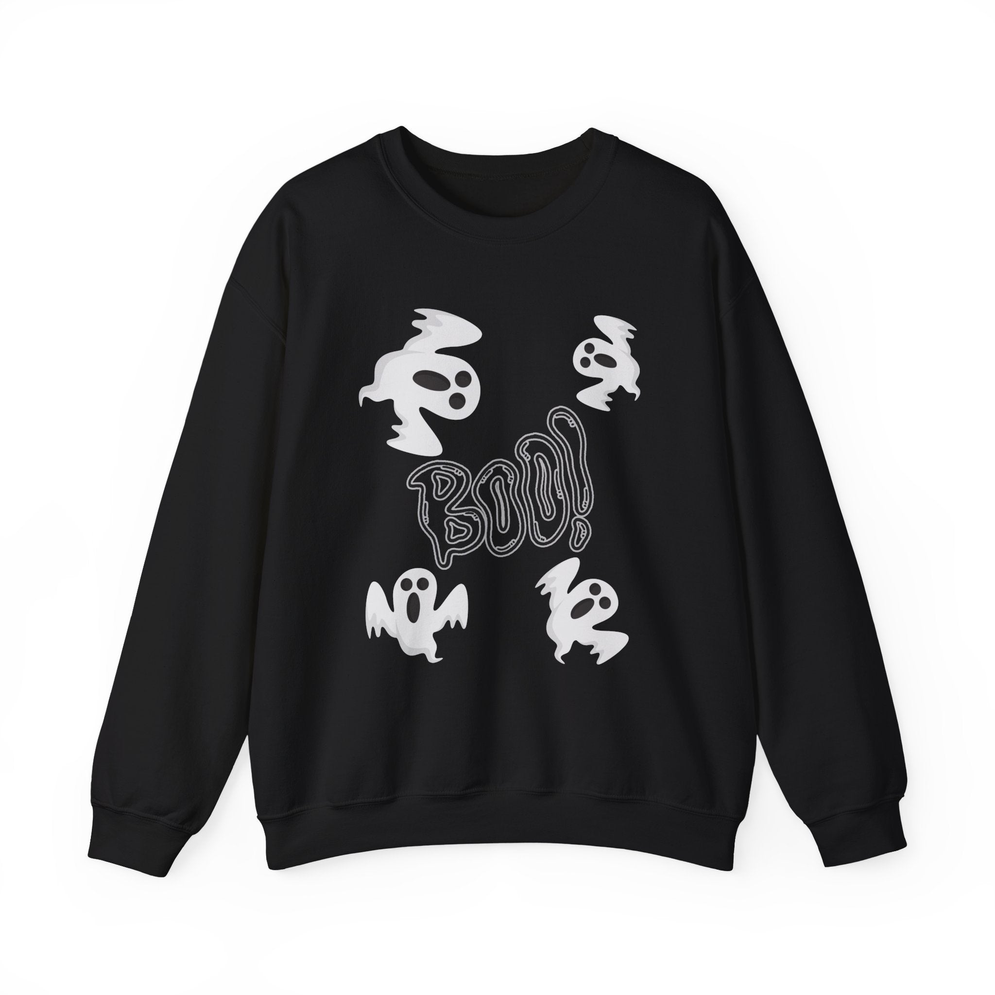 Black sweatshirt with white graphic design on a white background