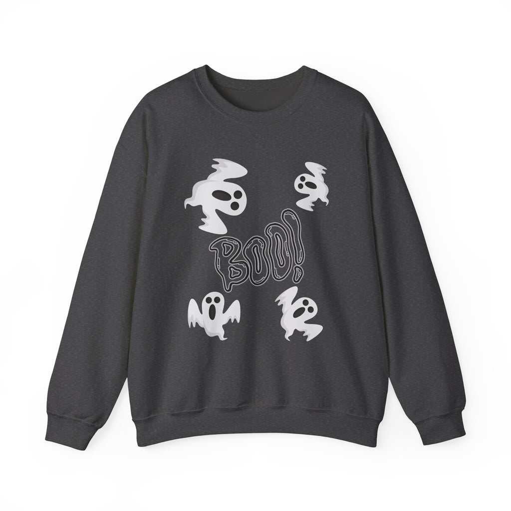 Dark gray sweatshirt with white ghost and 'BOO!' design on a white background