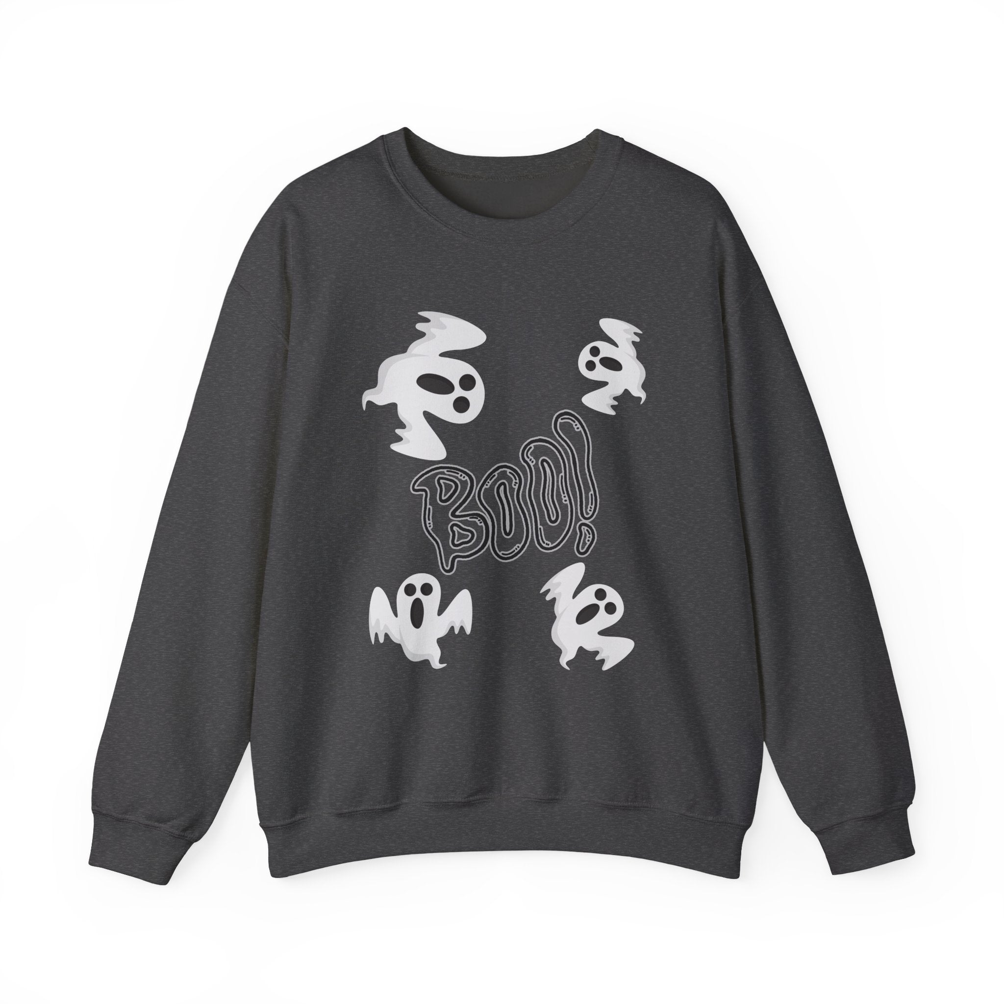 Dark gray sweatshirt with white ghost and 'BOO!' design on a white background