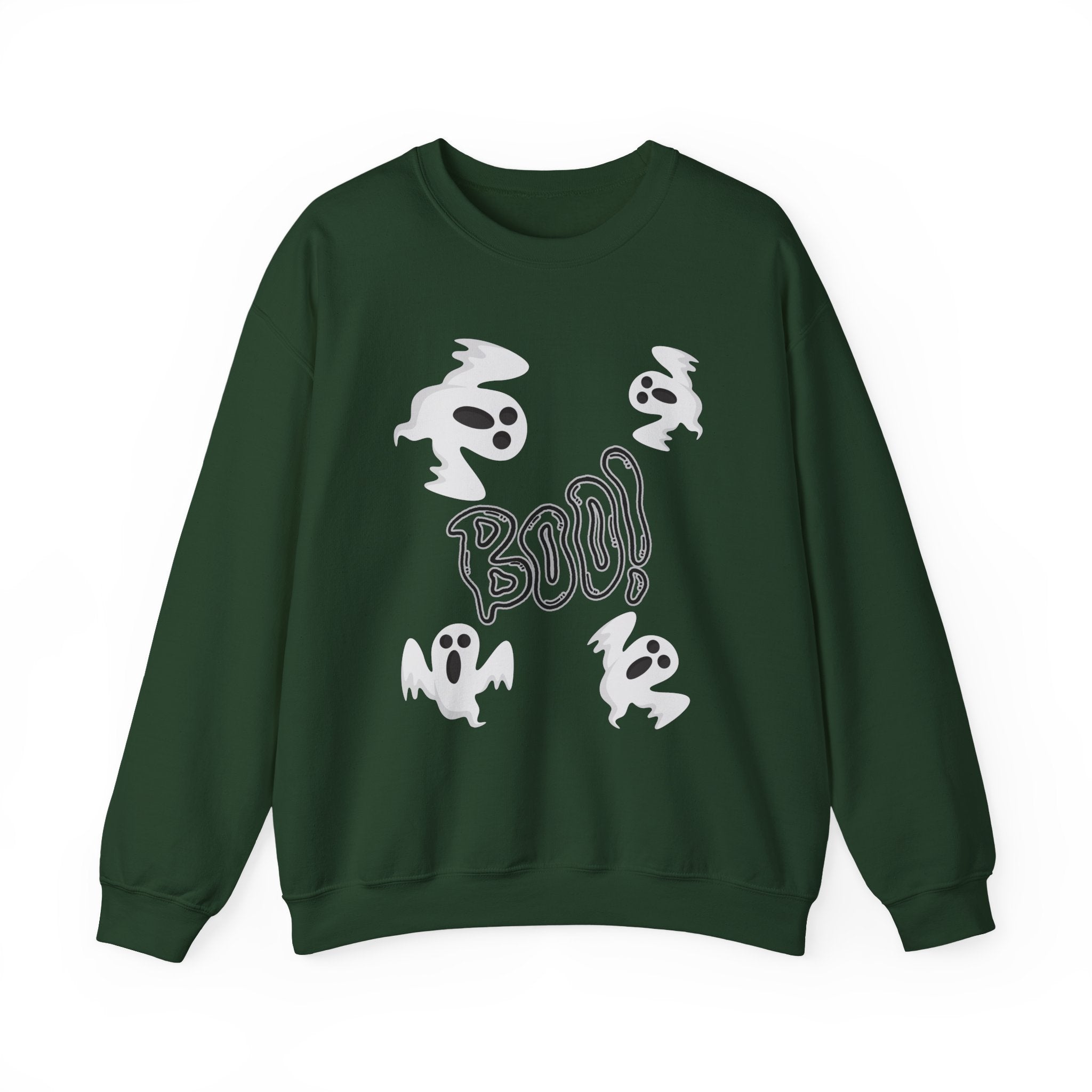 Forest green sweatshirt with white graphic design on a white background