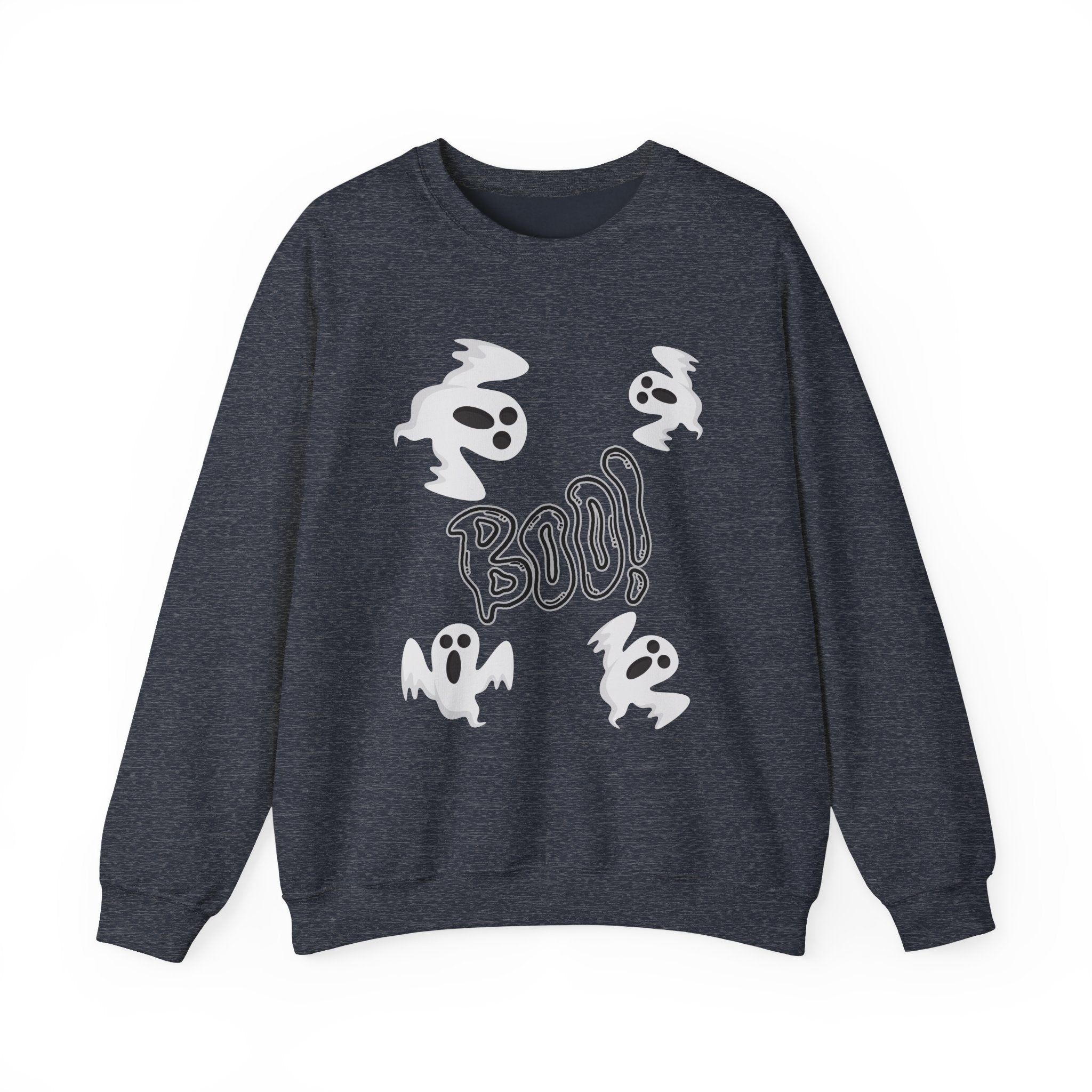 Dark gray sweatshirt with white ghost illustrations and 'BOO!' text on a white background