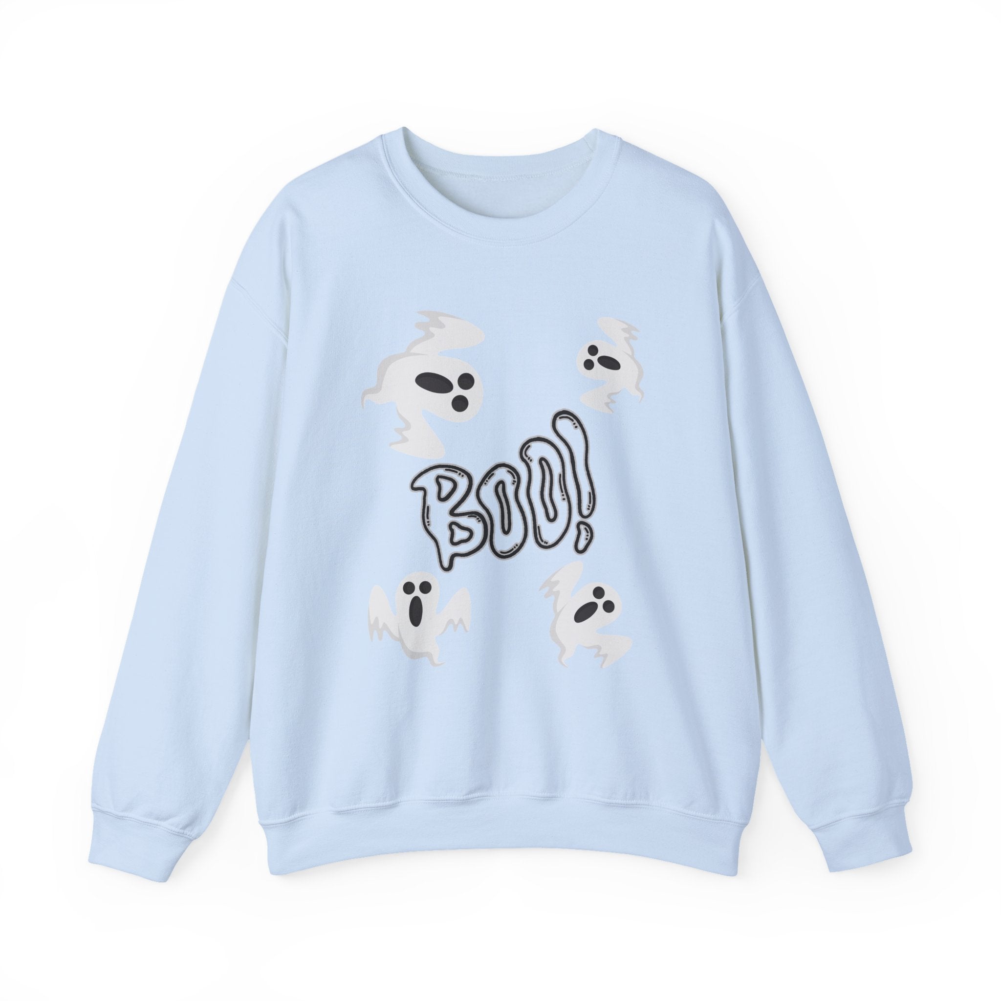 Light blue sweatshirt with 'BOO!' and ghost designs on a white background