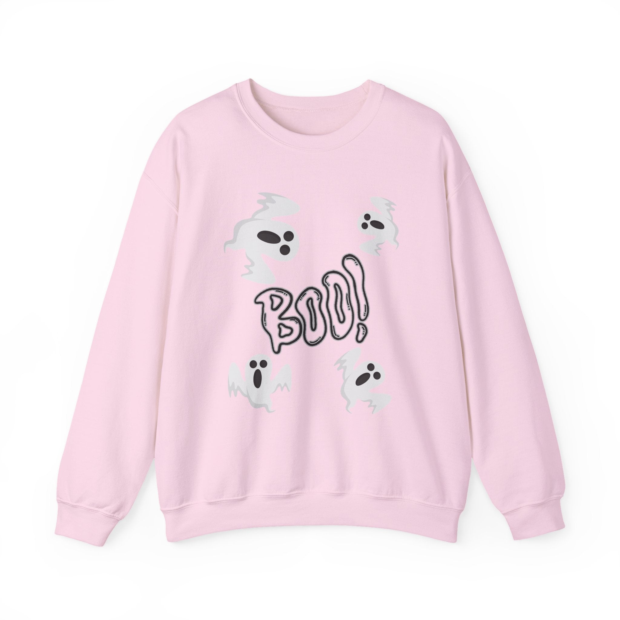 Pink sweatshirt with 'BOO!' and ghost graphics on a white background