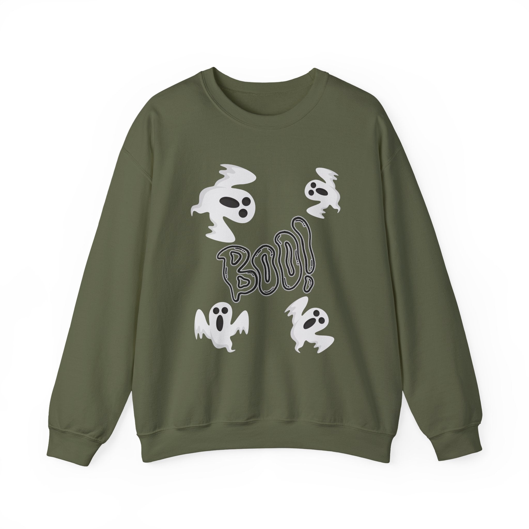 Military green sweatshirt with 'BOO!' and ghost designs on a white background