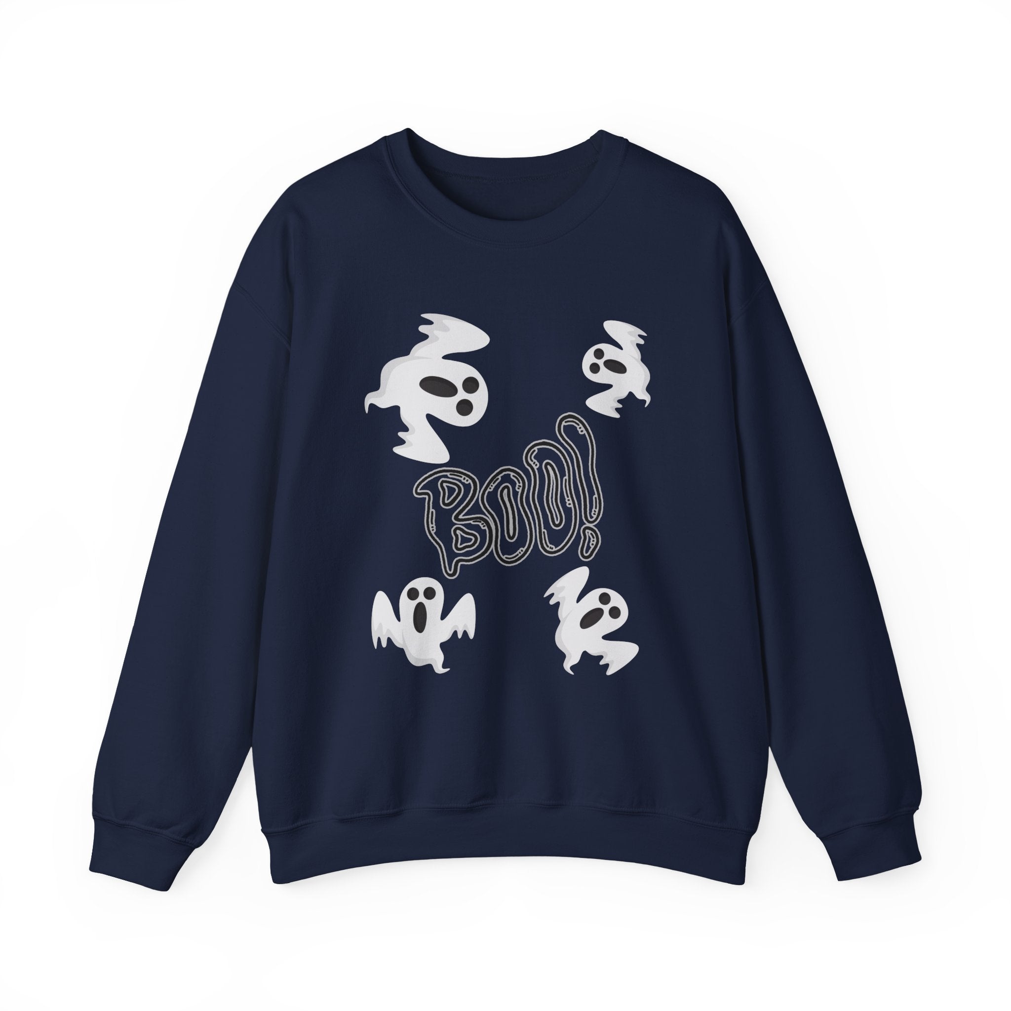 Navy blue sweatshirt with white graphic design on a white background