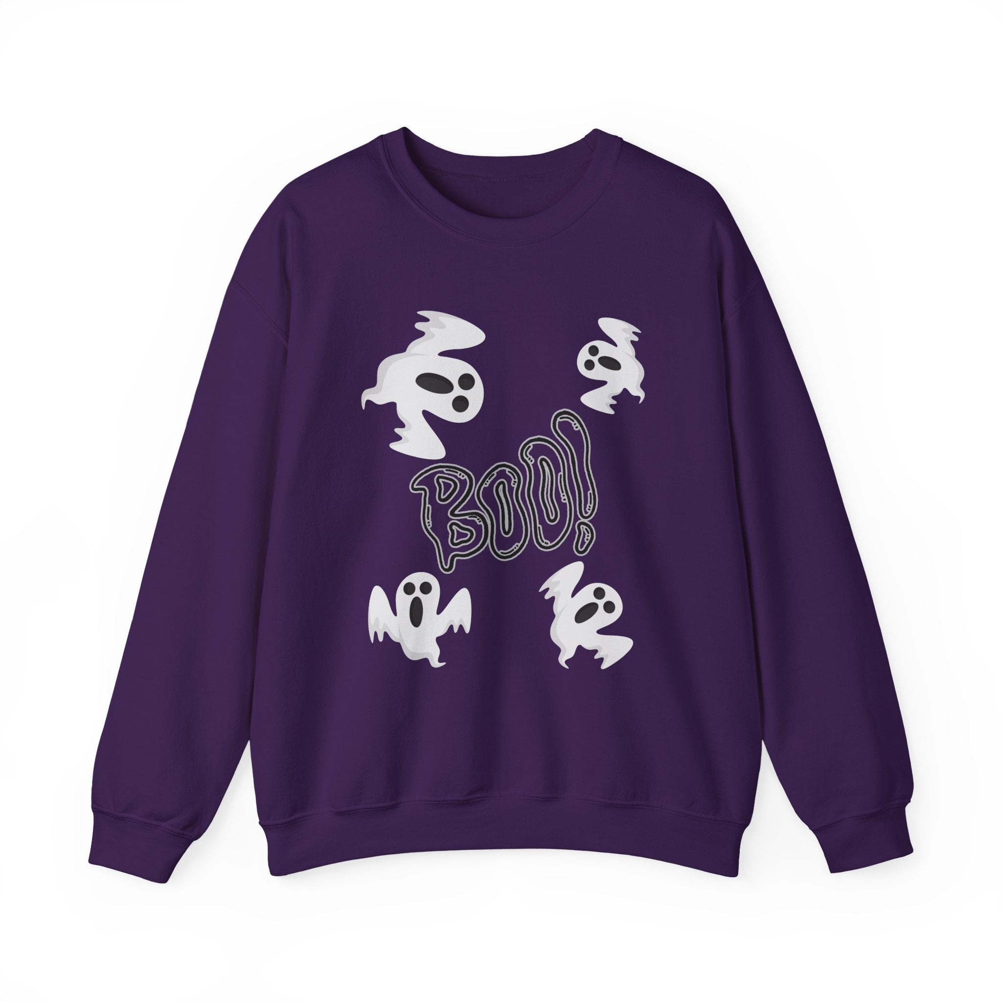 Purple sweatshirt with ghost and 'BOO!' design on a white background