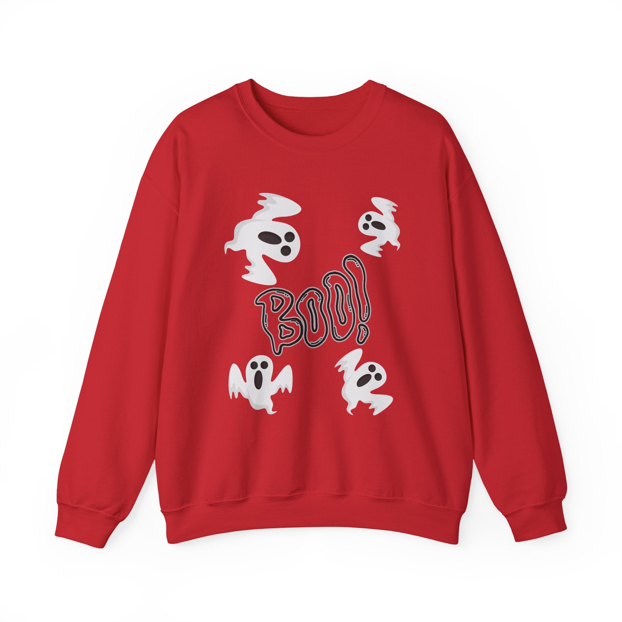 Red sweatshirt with ghost and 'BOO!' design on a white background