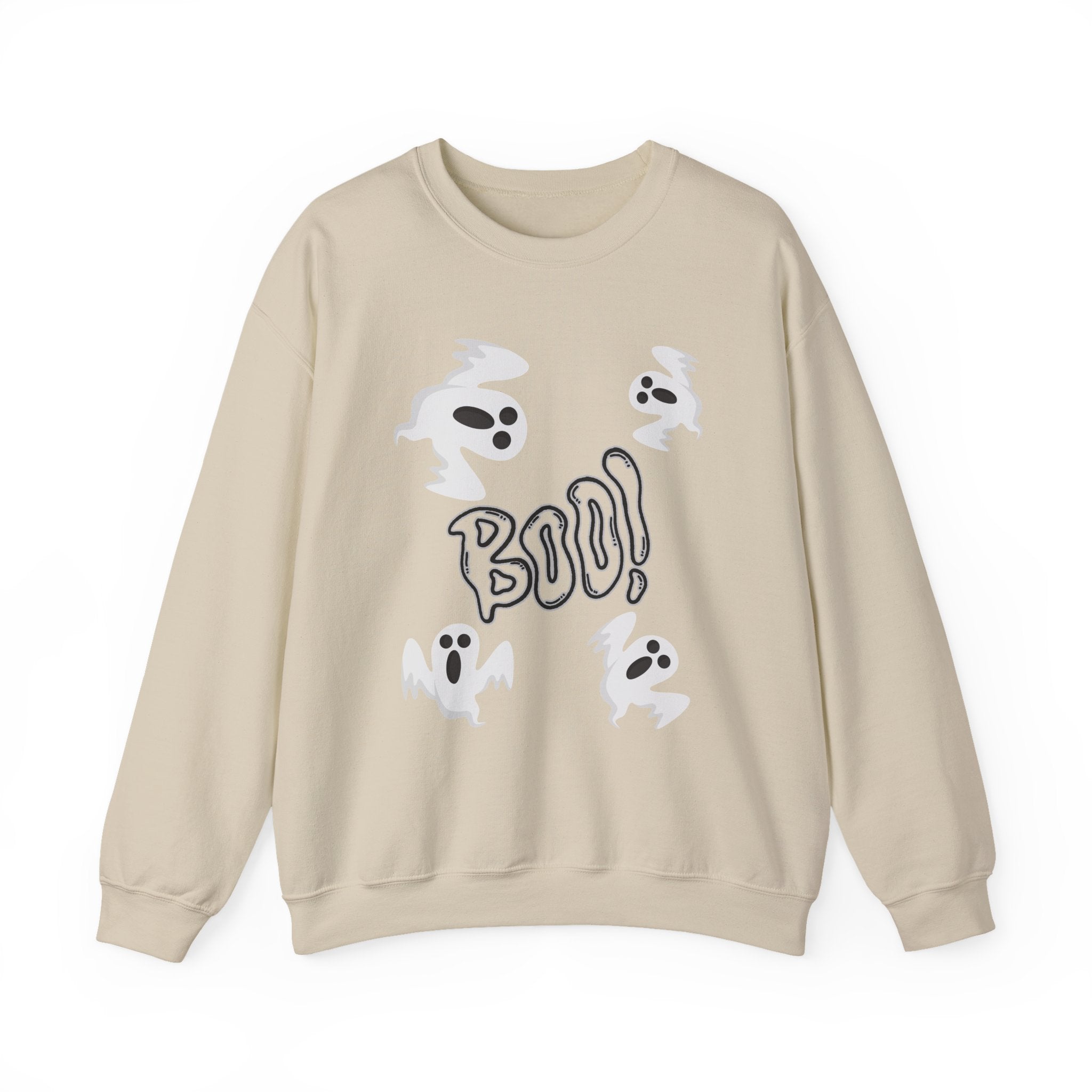 Beige sweatshirt with 'BOO!' and ghost designs on a white background