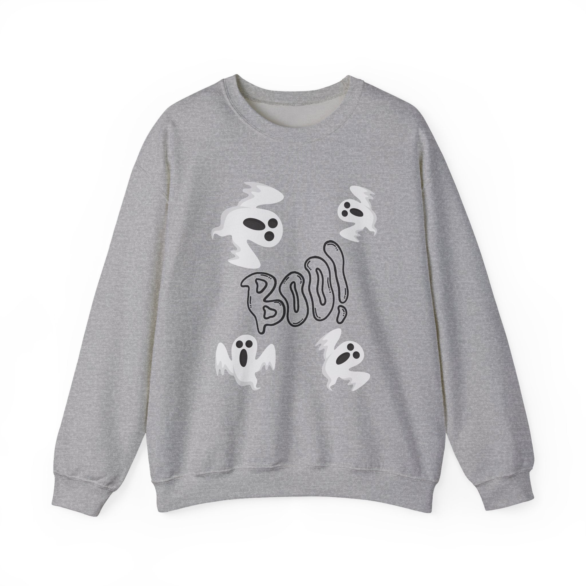 Gray sweatshirt with ghost and 'BOO!' design on a white background