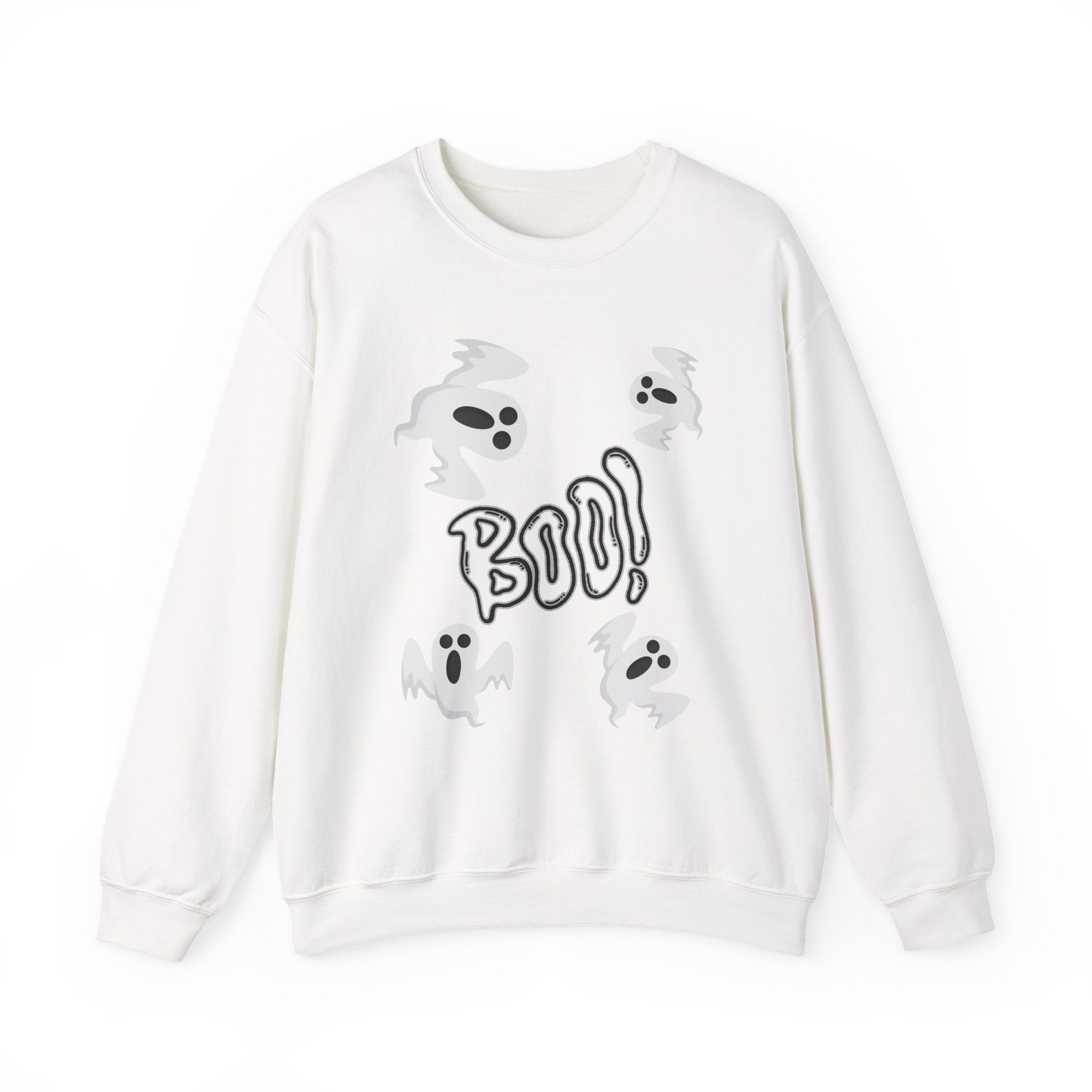 White sweatshirt with ghost illustrations and 'BOO!' text on a white background