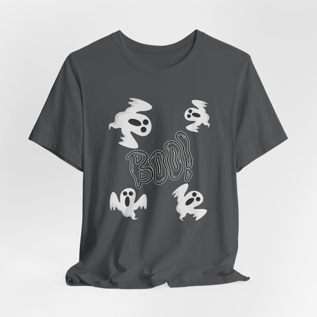 Asphalt gray t-shirt with white ghost illustrations and 'BOO!' text on a light gray background