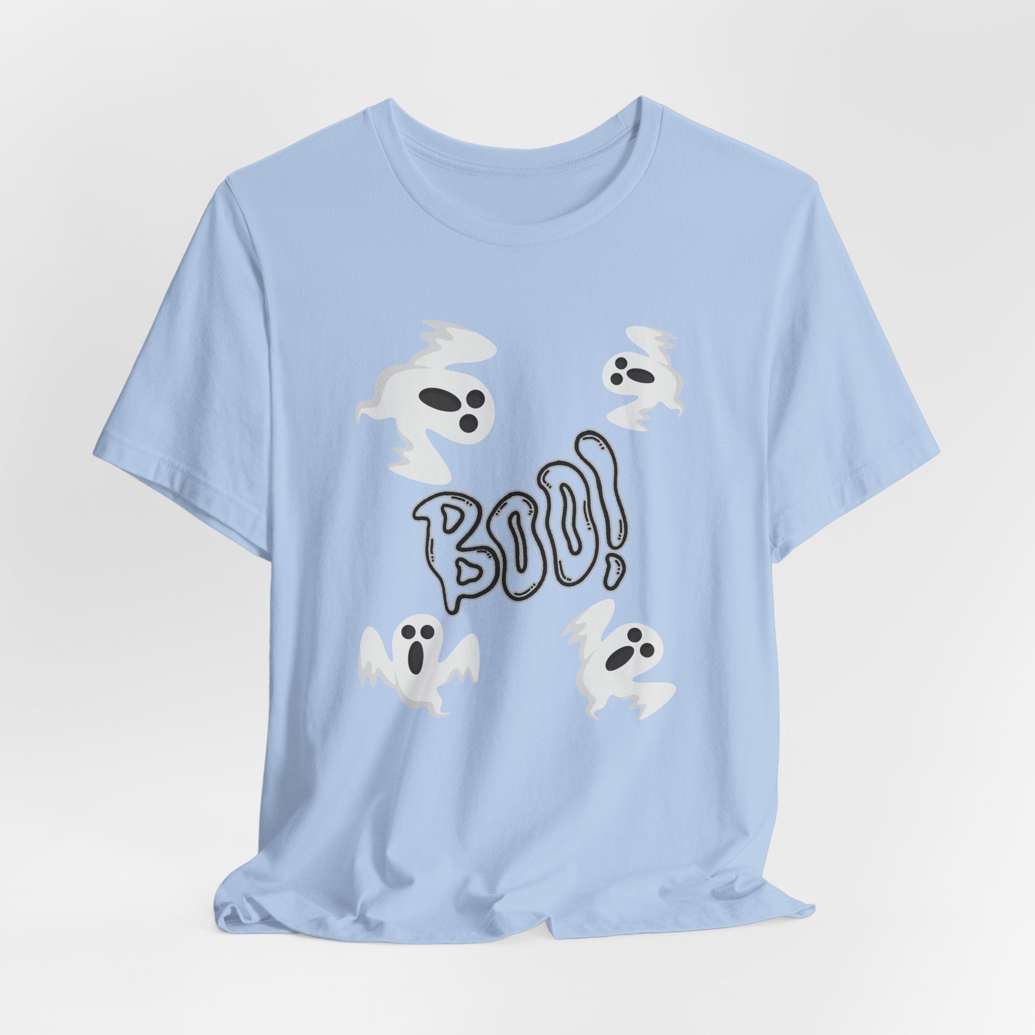 Light blue t-shirt with ghost illustrations and 'BOO!' text on a light gray background