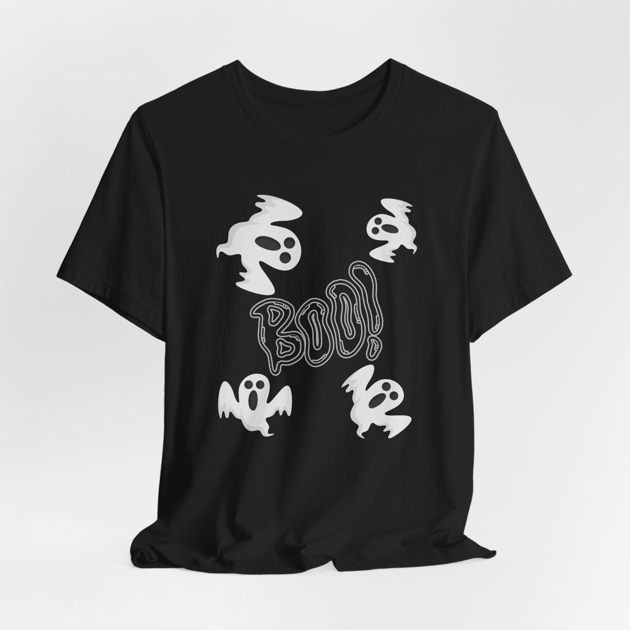 Black t-shirt with white ghost and 'BOO!' design on a light gray background