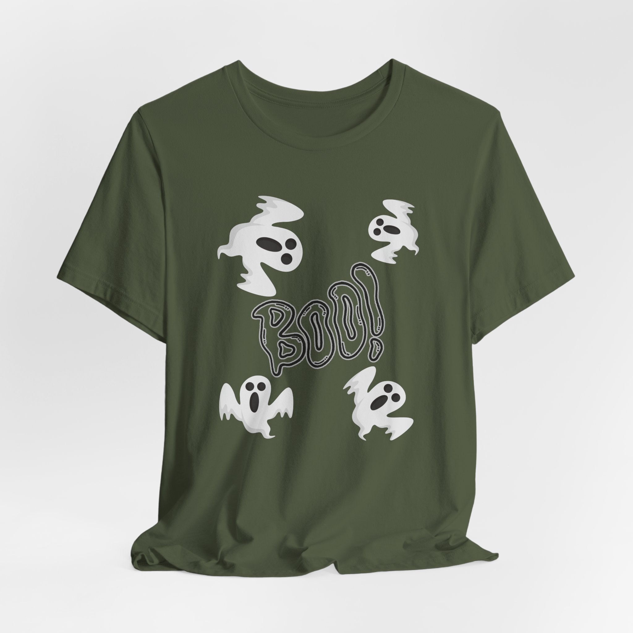 Military green t-shirt with white ghost and 'BOO!' design on a light gray background