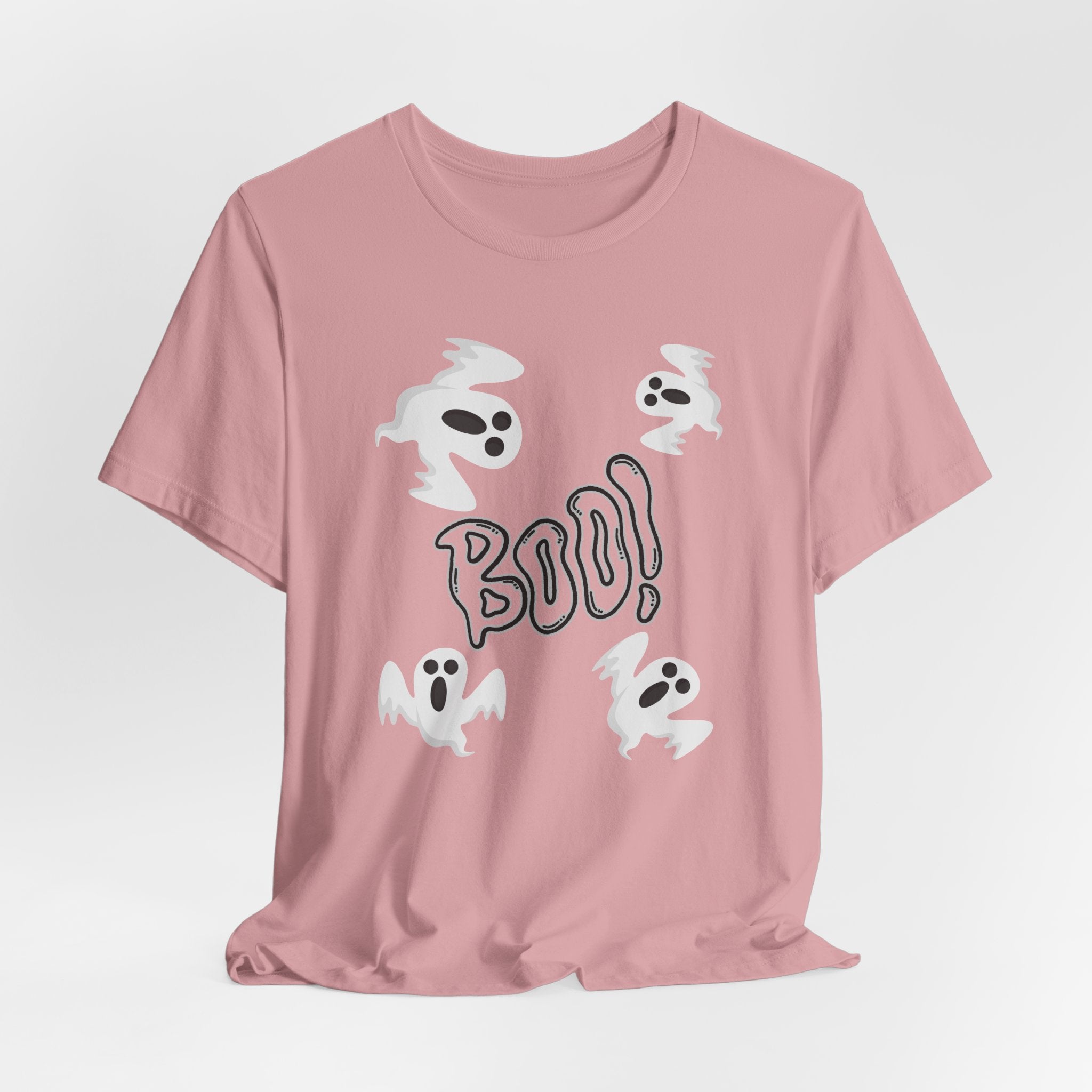 Orchid pink t-shirt with ghost illustrations and 'BOO!' text on a light gray background