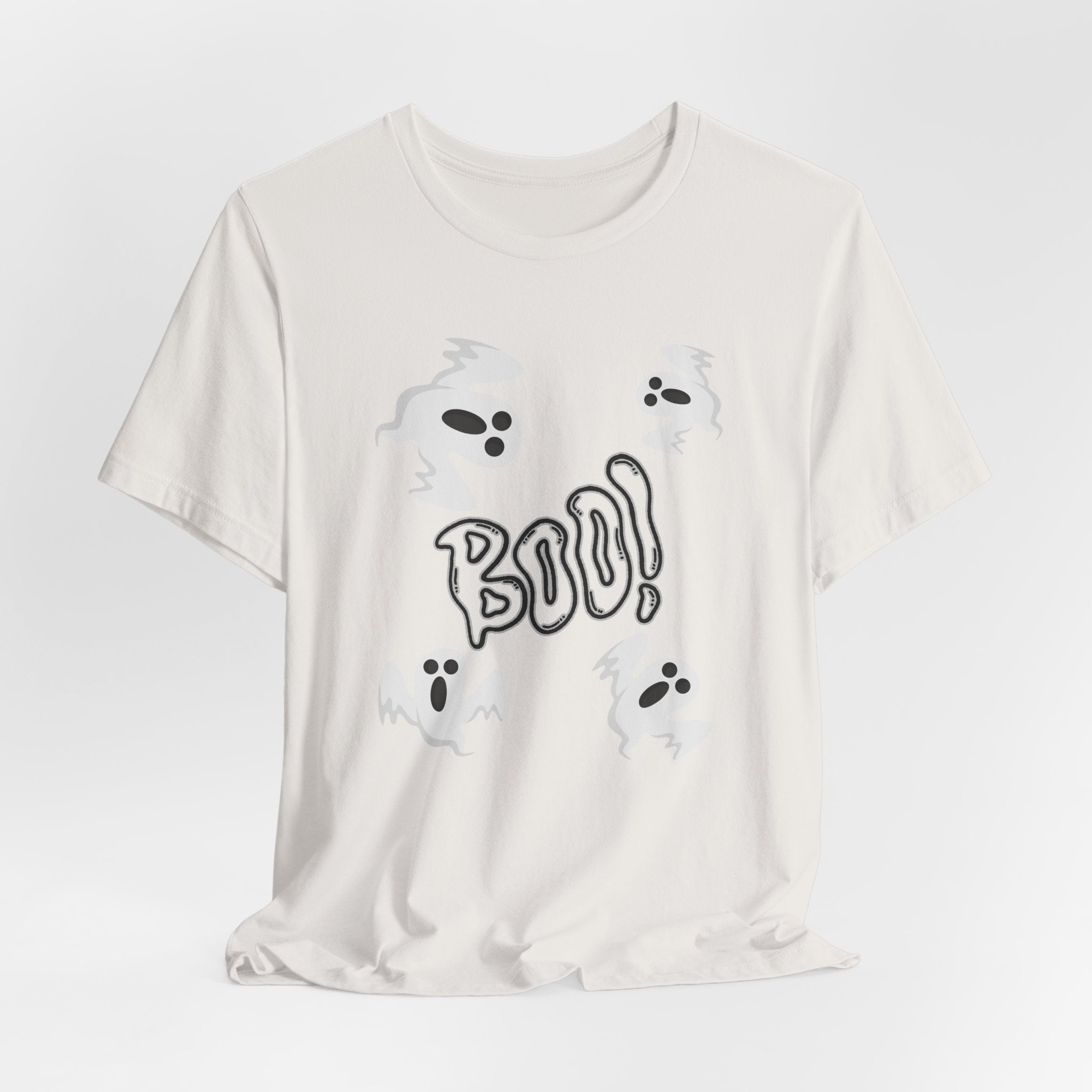 Vintage white t-shirt with ghost design and 'BOO!' text on a white background