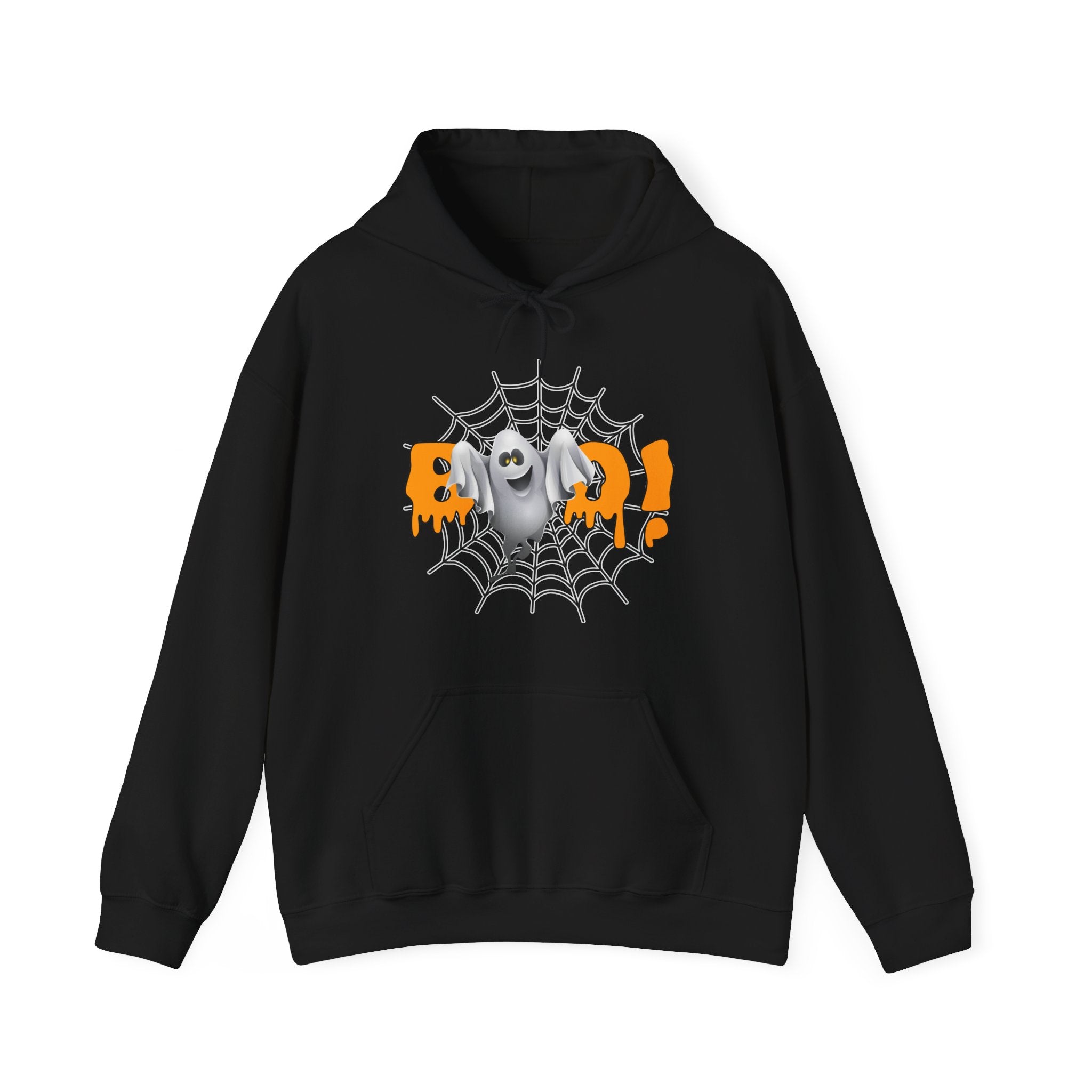 Black hoodie with Halloween-themed design on a white background