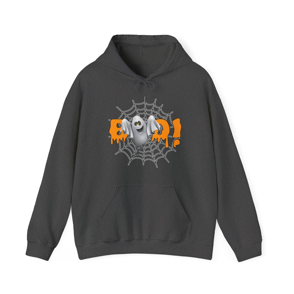 Dark gray hoodie with Halloween-themed design featuring a ghost, spider web, and text on a white background.