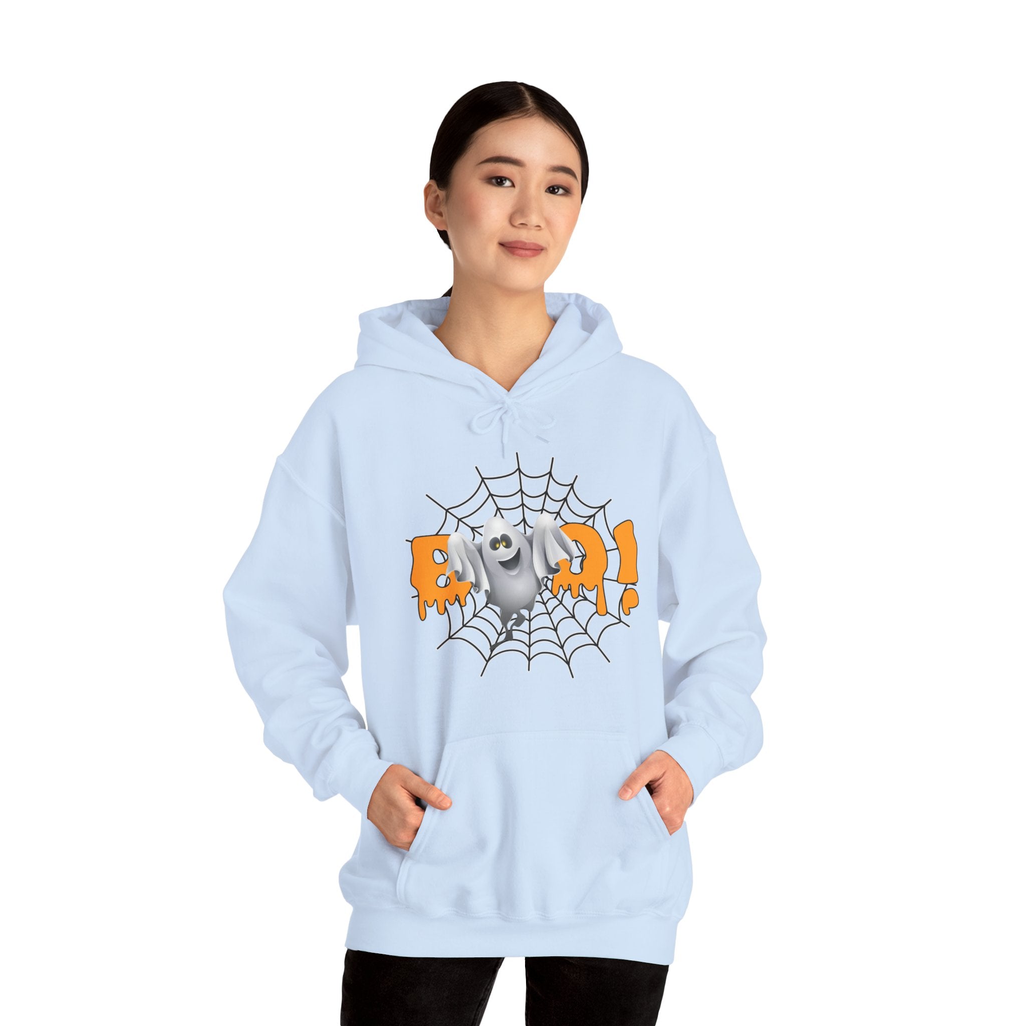 Light blue hoodie with a graphic design on a white background
