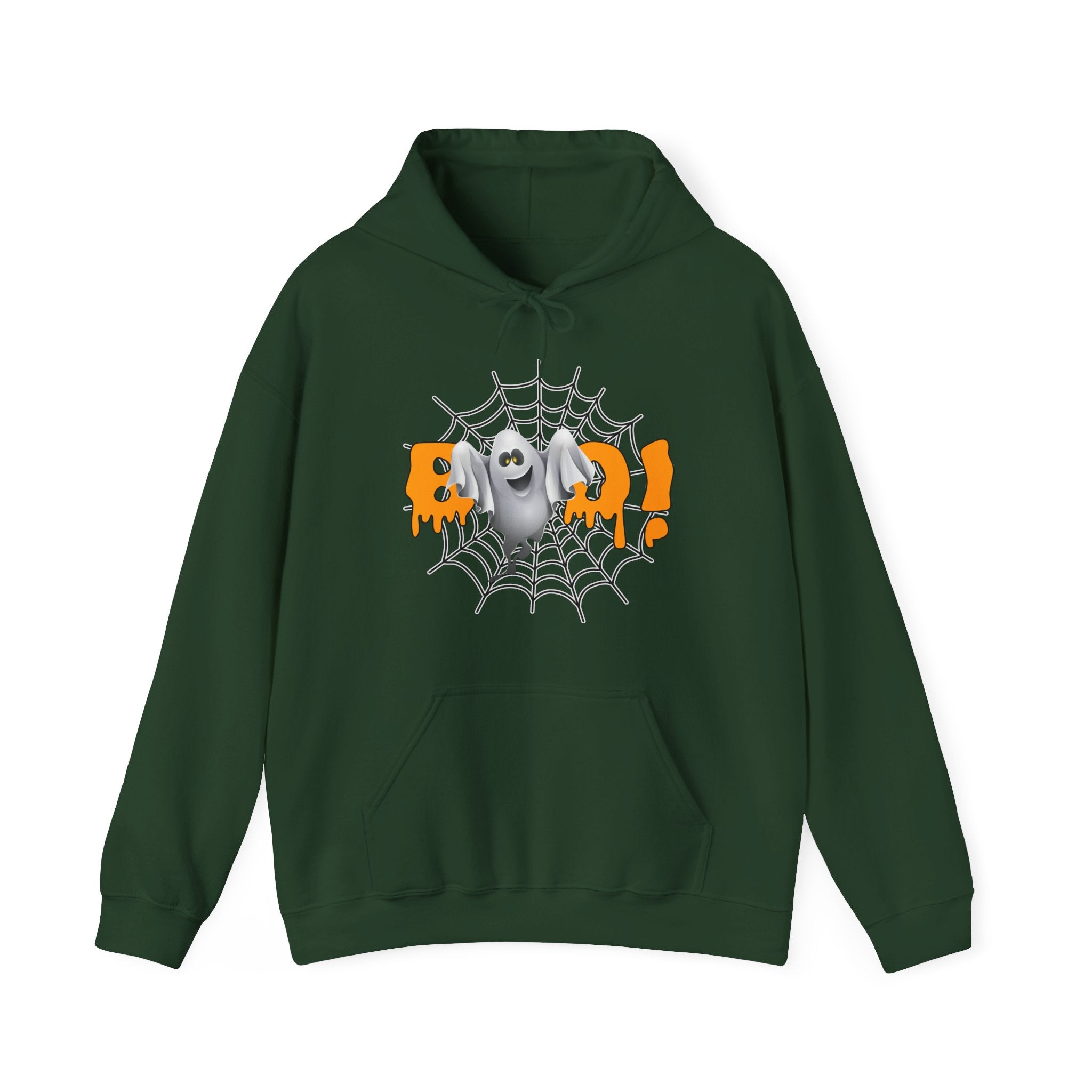 Forest green hoodie with Halloween-themed design on a white background