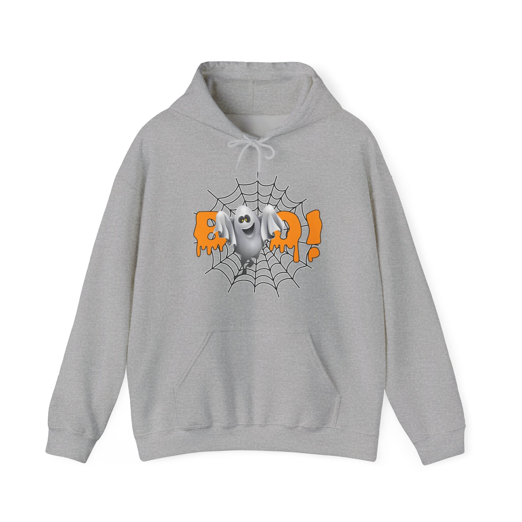 Gray hoodie with Halloween design featuring a ghost and 'BOO!' text on a white background