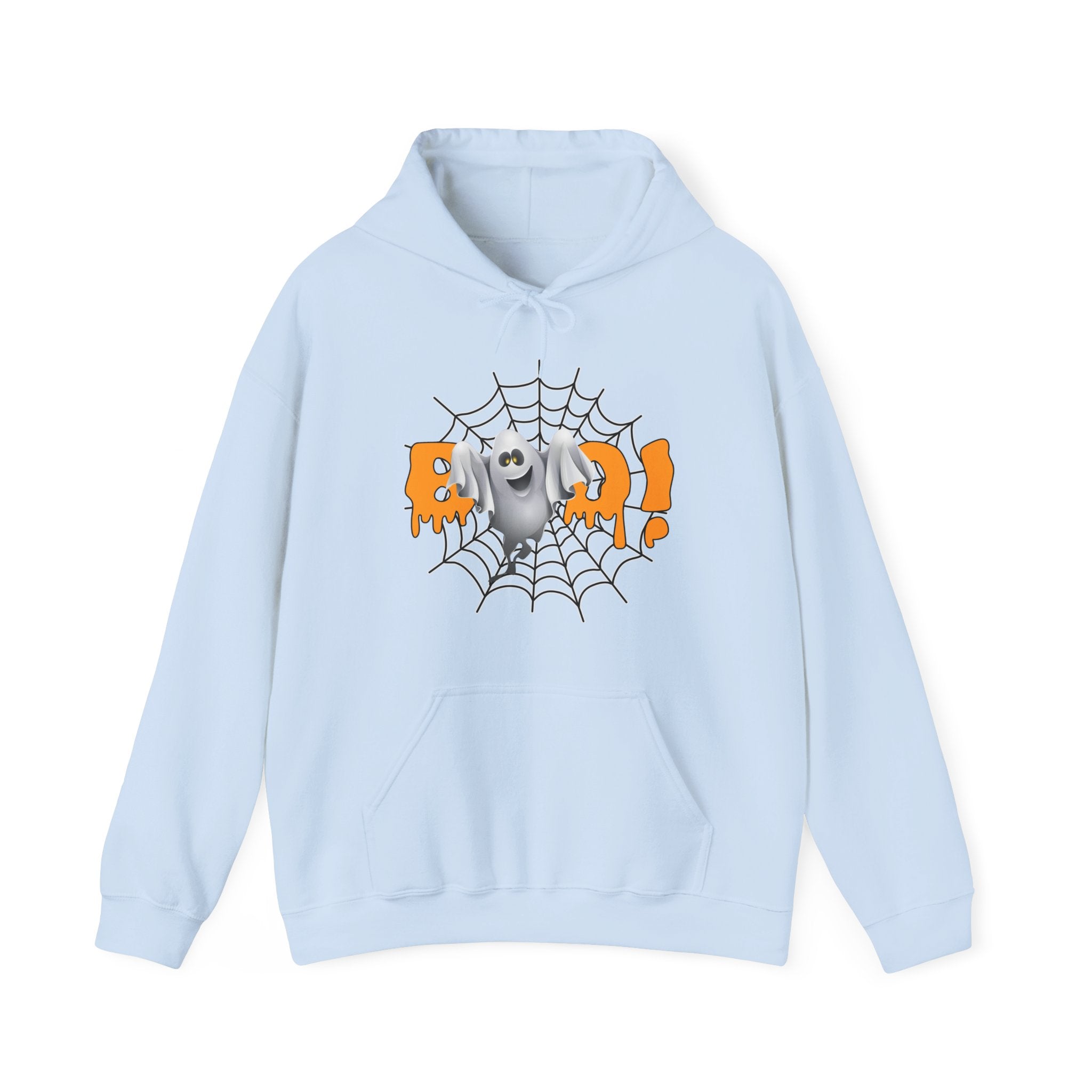 Light blue hoodie with Halloween design featuring a ghost and 'Boo!' text on a white background