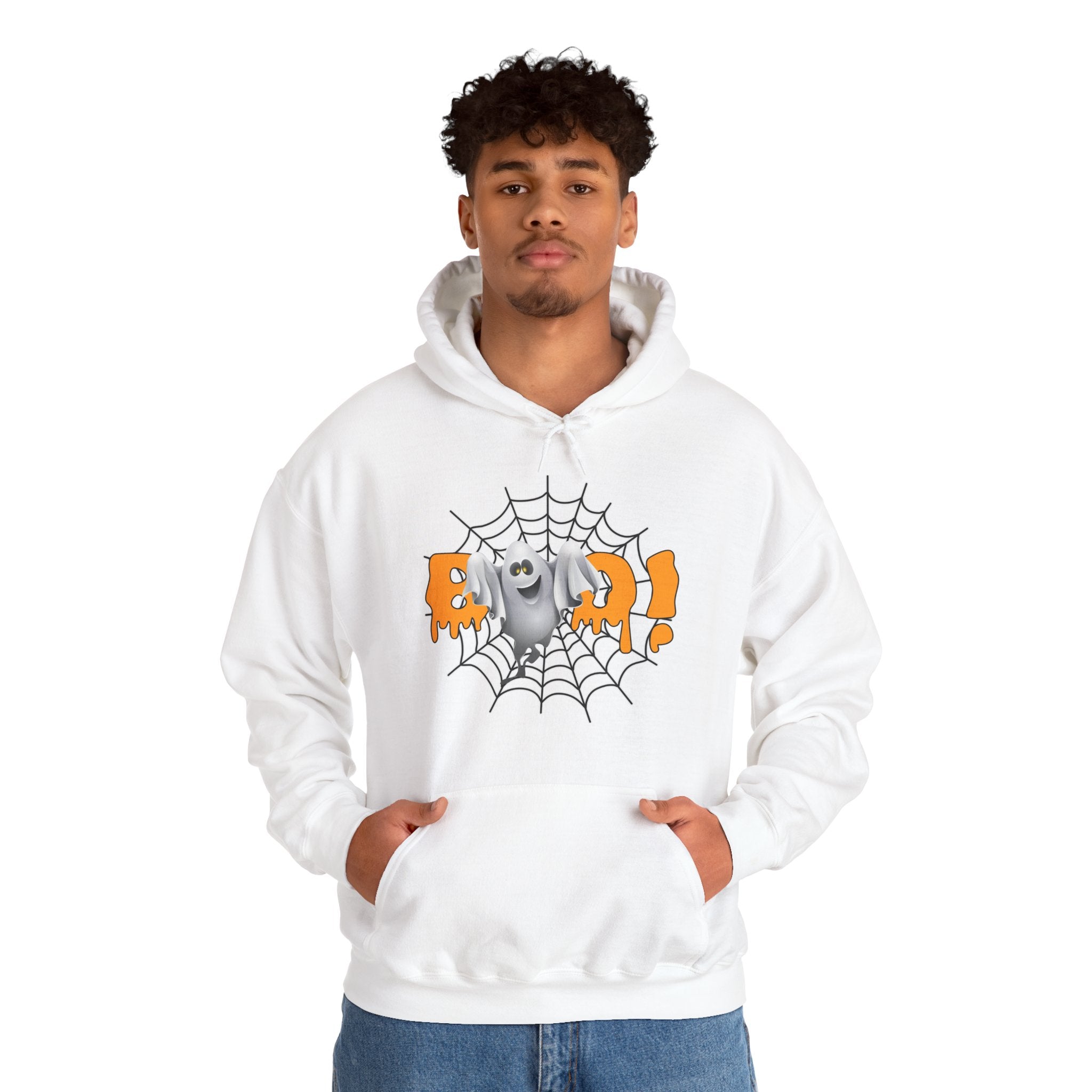 Person wearing a white hoodie with a graphic design on a white background