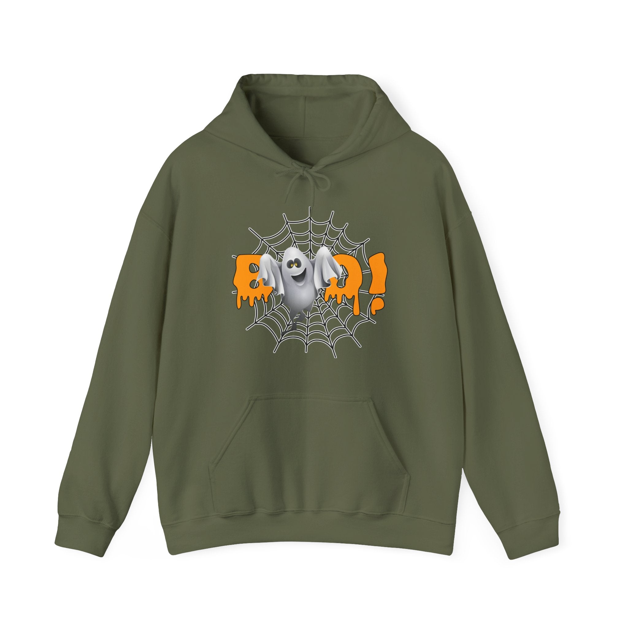 Military Green hoodie with Halloween design featuring a ghost and spider web on a white background