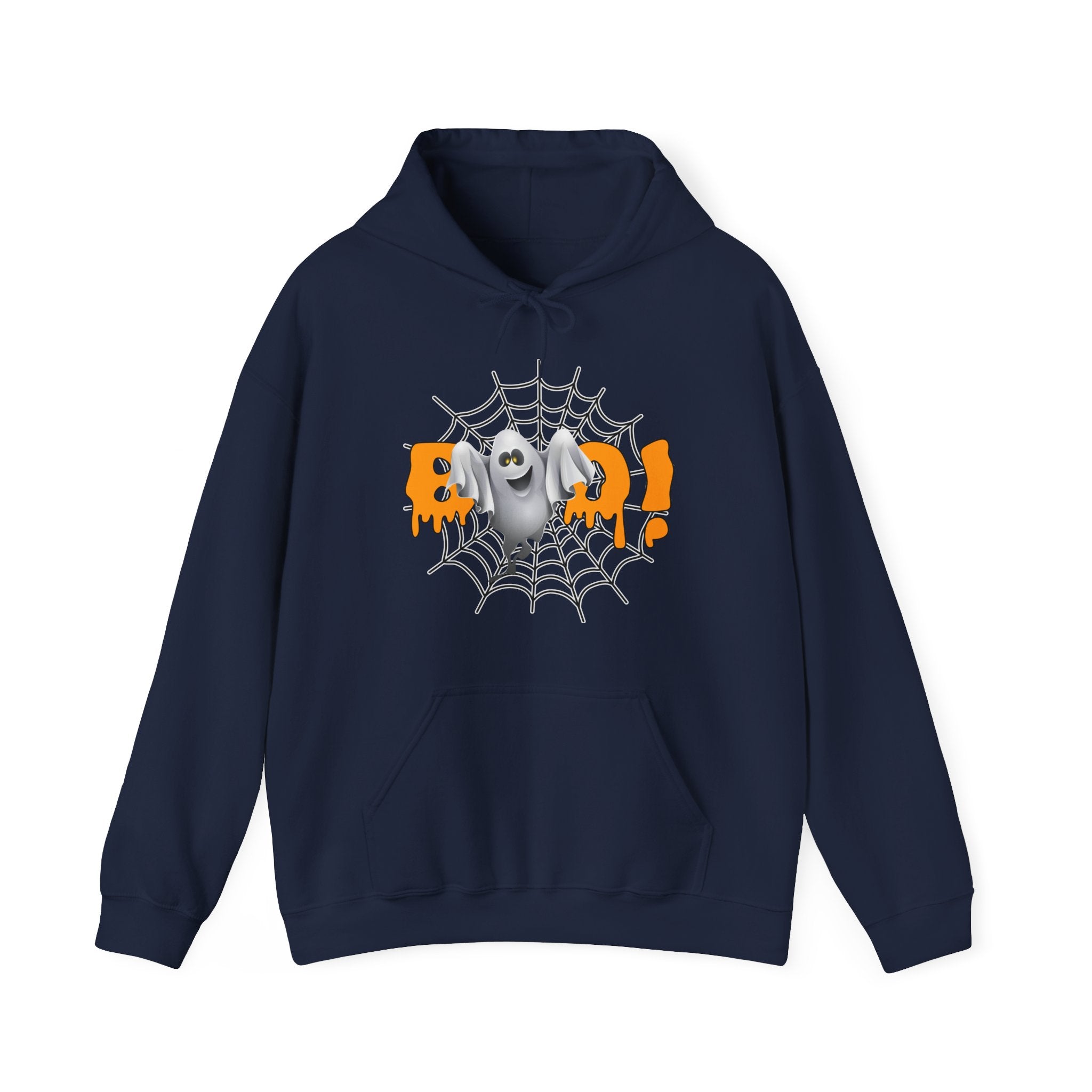 Navy blue hoodie with Halloween design featuring a ghost, spider web, and text on a white background.