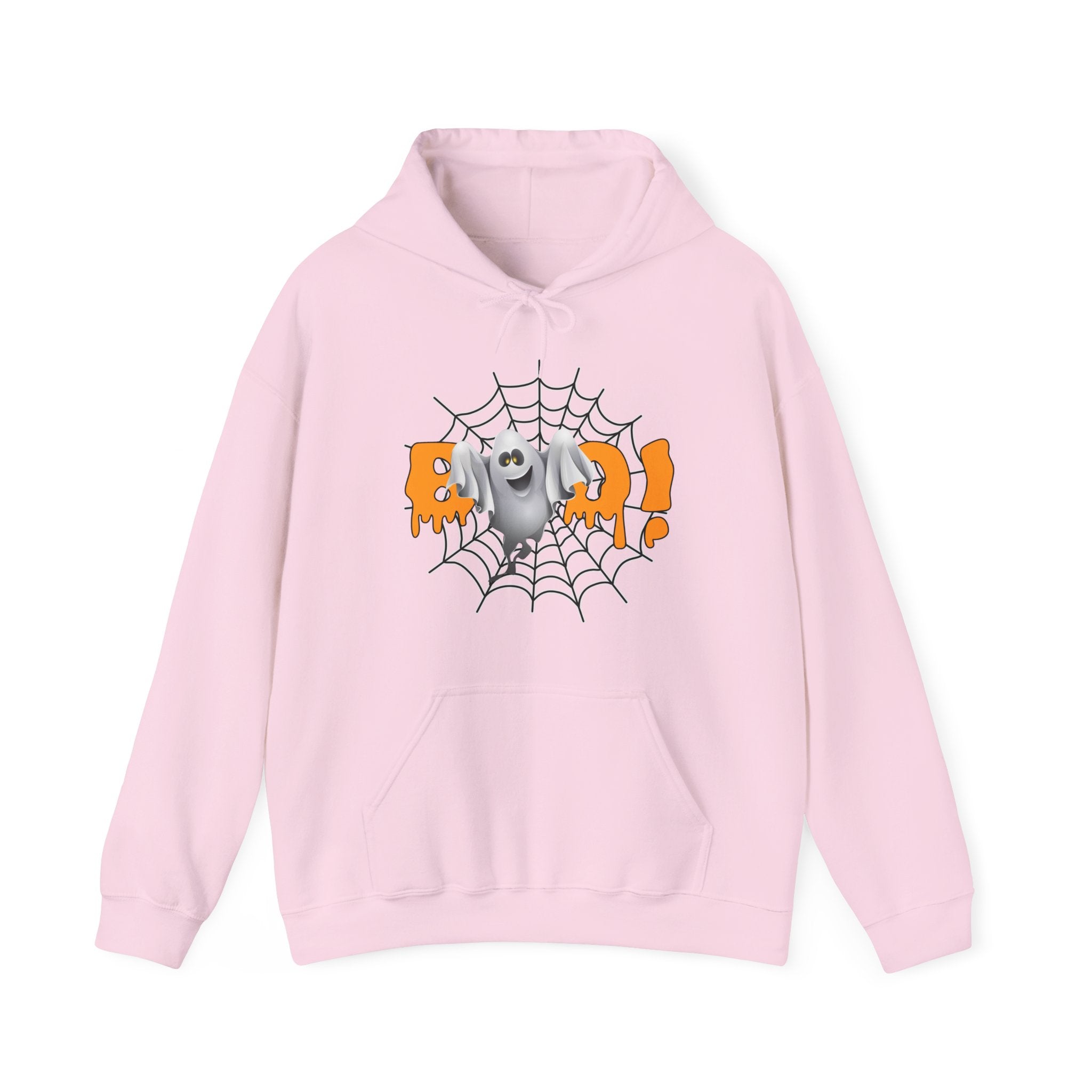 Pink hoodie with Halloween design featuring a ghost and 'Boo!' text on a white background