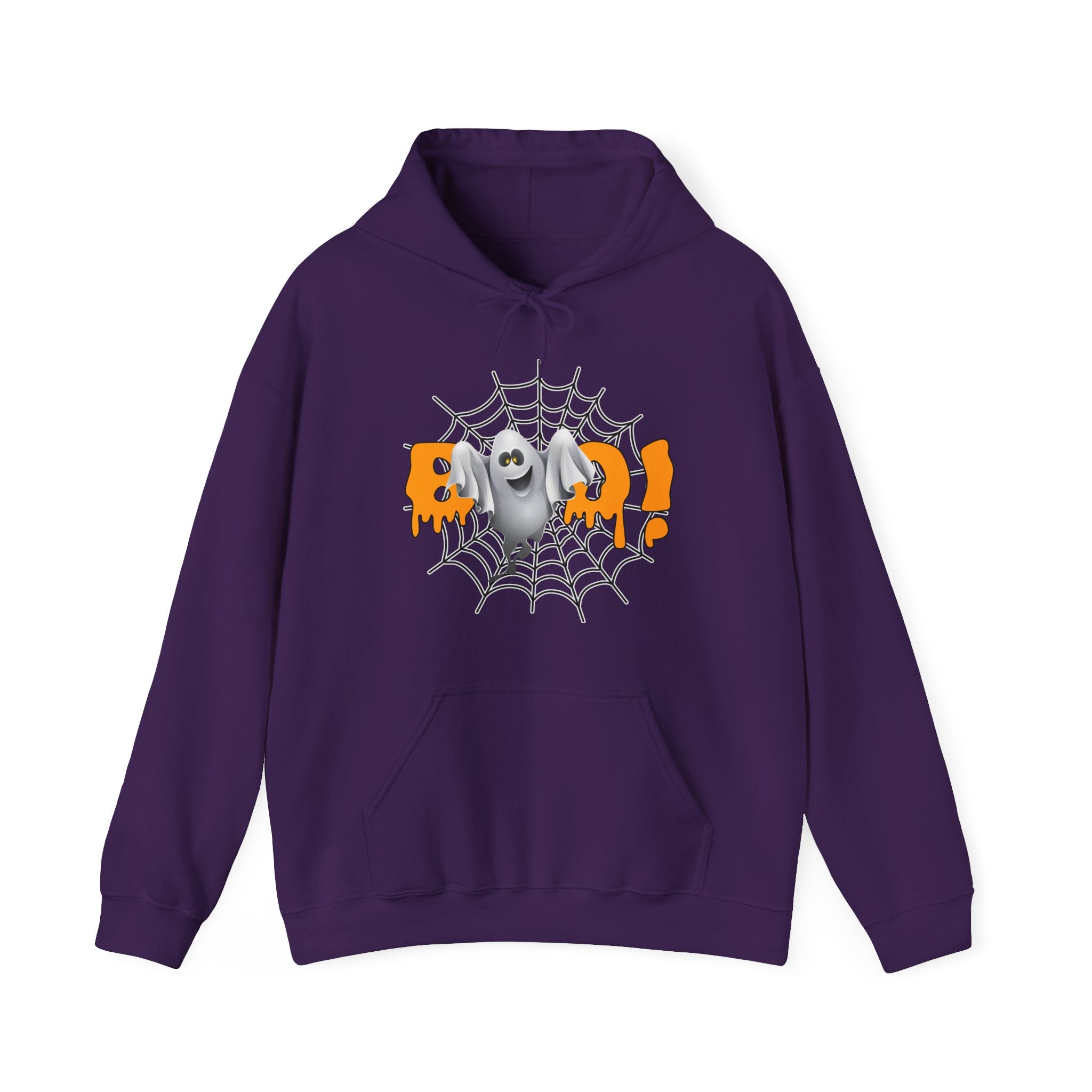 Purple hoodie with Halloween-themed design on a white background