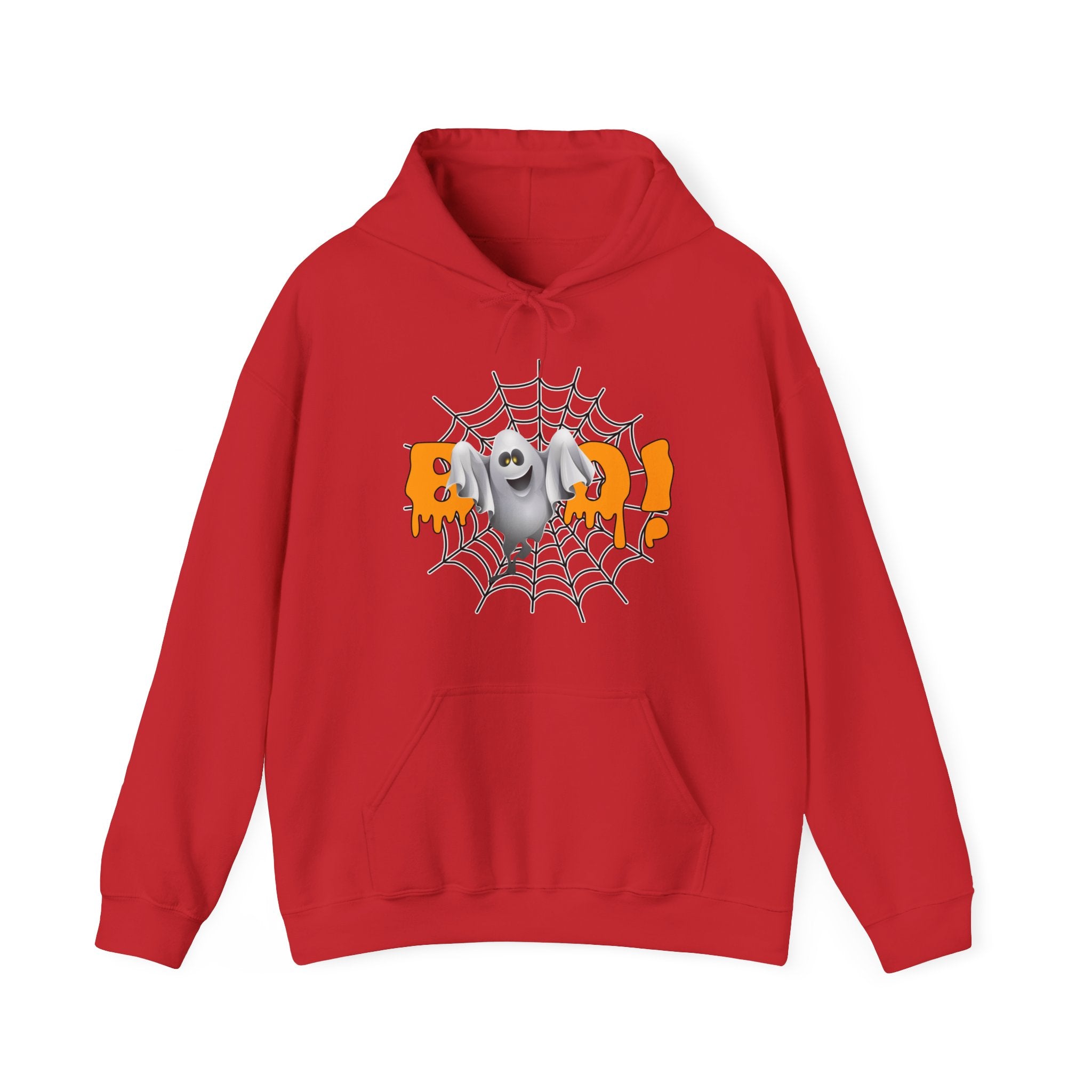 Red hoodie with Halloween-themed design featuring a ghost, candy corn, and spider web on a white background.