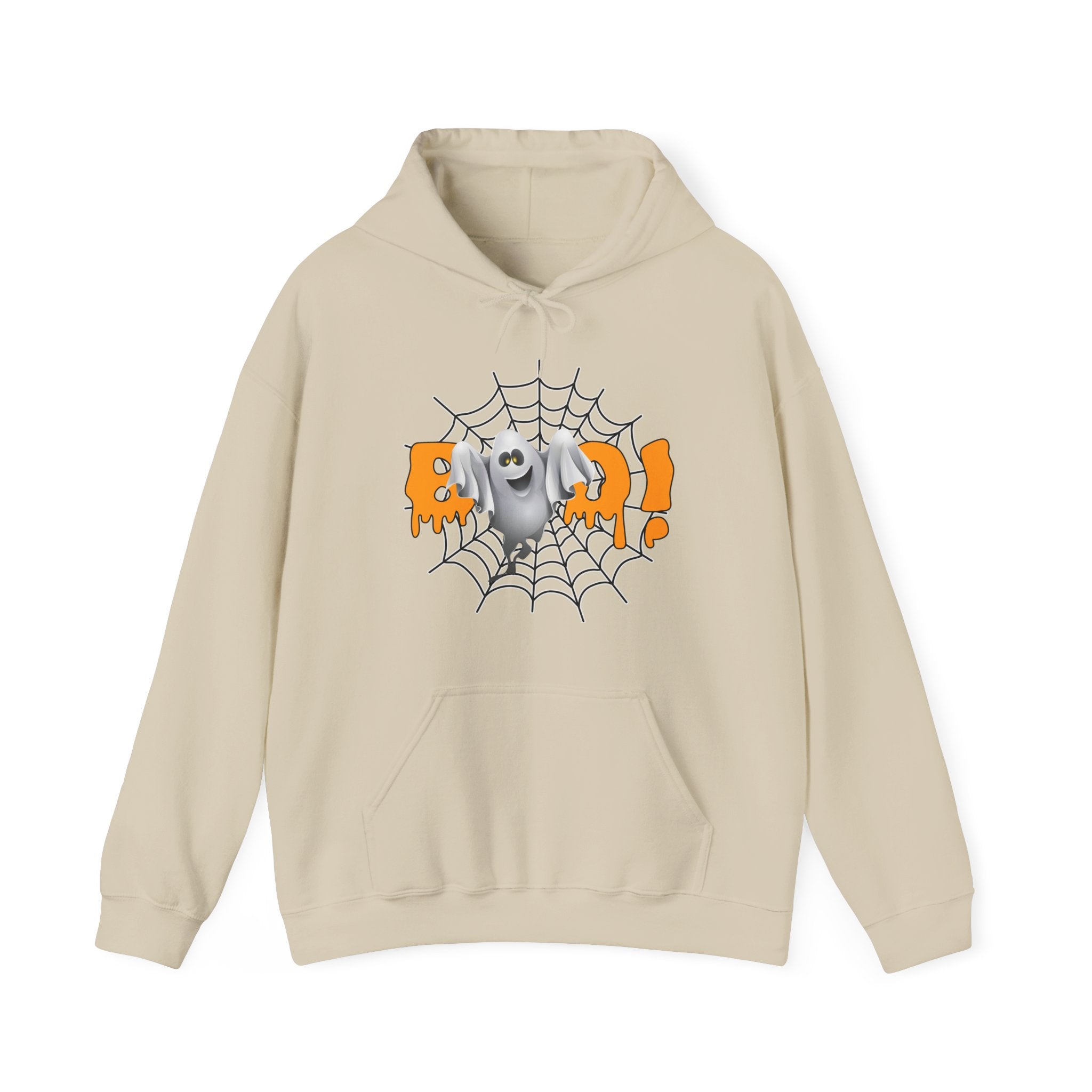 Beige hoodie with Halloween design featuring a ghost and 'BOO!' text on a white background