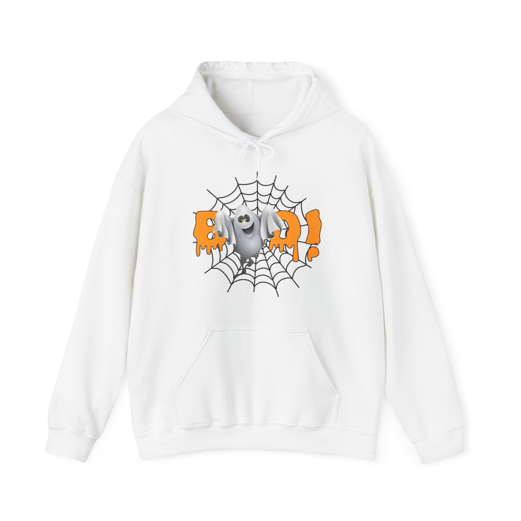 White hoodie with Halloween design featuring a ghost and spider web on a white background