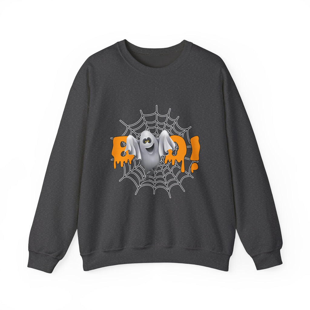 Dark heather gray sweatshirt with Halloween-themed design featuring a ghost, bat, and spider web on a white background.