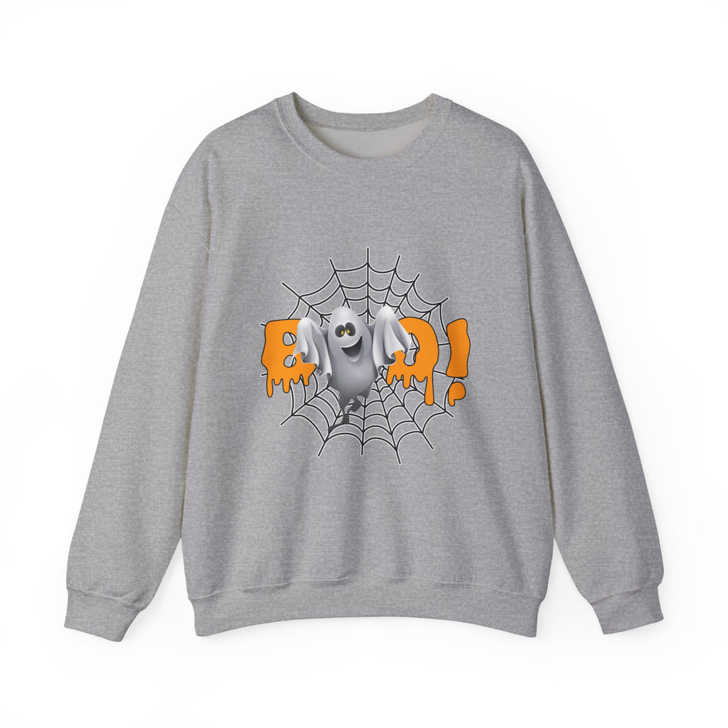 Gray sweatshirt with Halloween design featuring a ghost and spider web on a white background