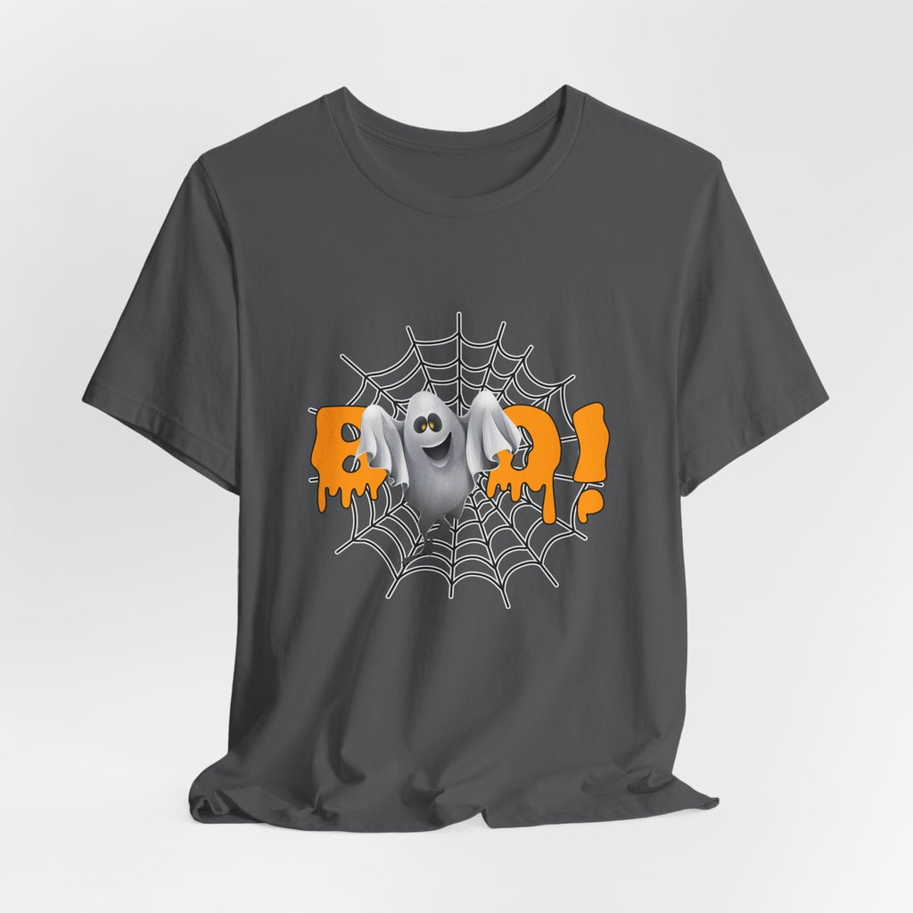 Asphalt gray t-shirt with Halloween-themed design featuring a ghost and spider web on a white background