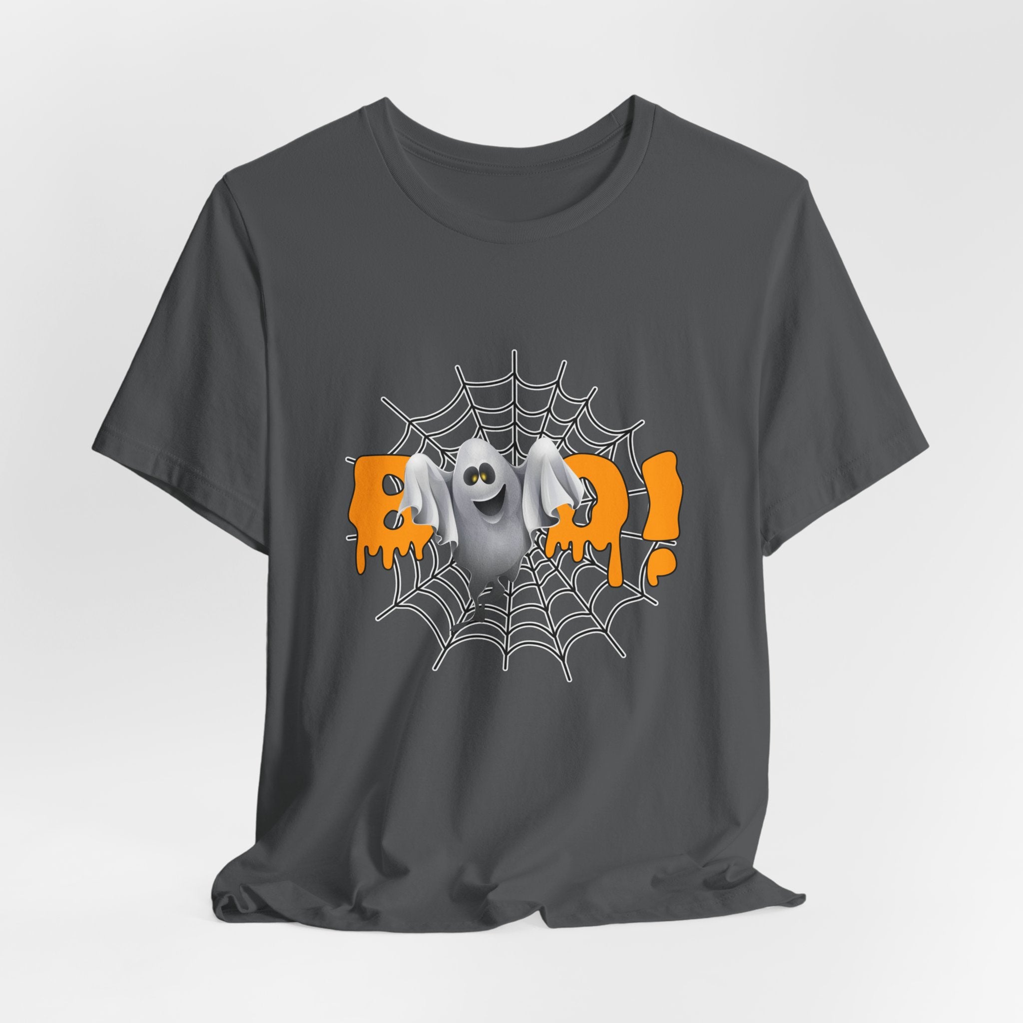 Asphalt gray t-shirt with Halloween-themed design featuring a ghost and spider web on a white background