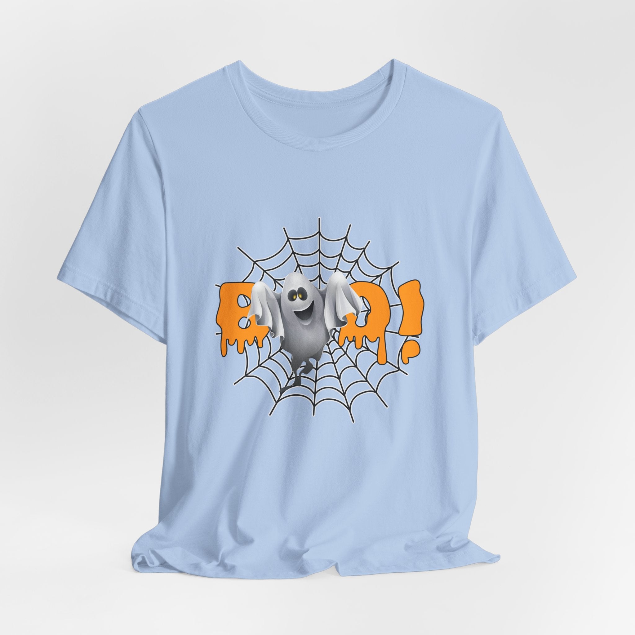 Light blue t-shirt with a Halloween-themed graphic of a ghost on a spider web.