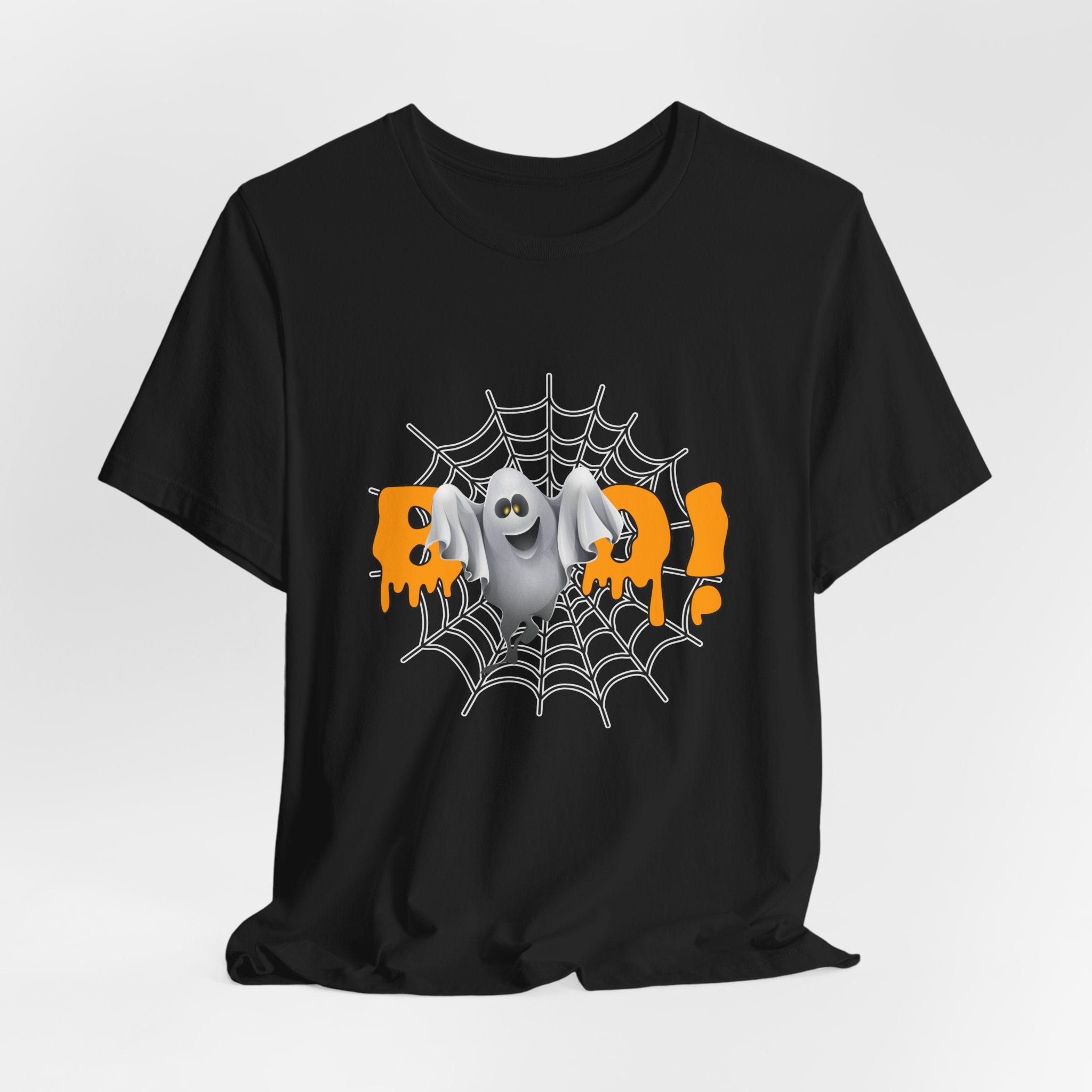Black t-shirt with Halloween design featuring a ghost and spider web on a white background