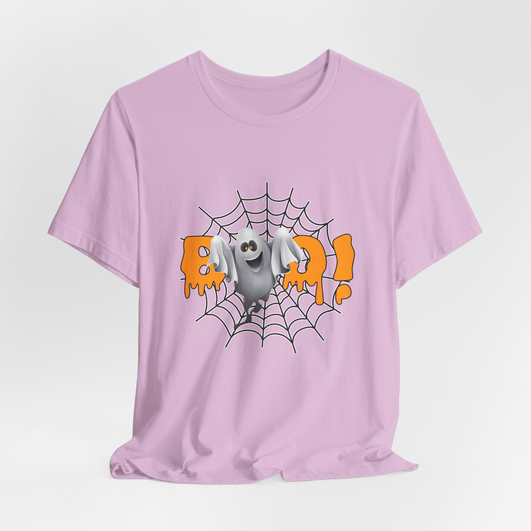 Lilac pink t-shirt with a Halloween-themed graphic of a ghost on a spiderweb.